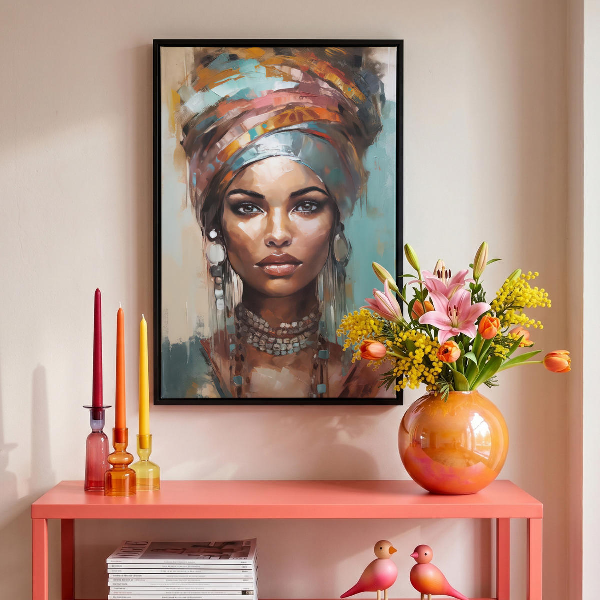 LEINWAND Bilder mit Rahmen - Frau - Kunst - Schmuck - Porträt - 40x60 - Blaugrau, Textil (40/60cm) - MuchoWow