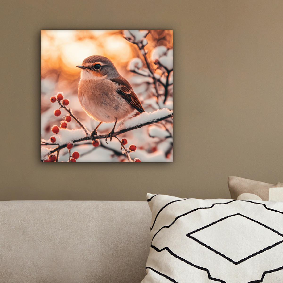LEINWANDBILD Vogel - Zweig - Winter - Tiere - Schnee 20x20 cm - Bernsteinfarben, Textil (20/20cm) - MuchoWow