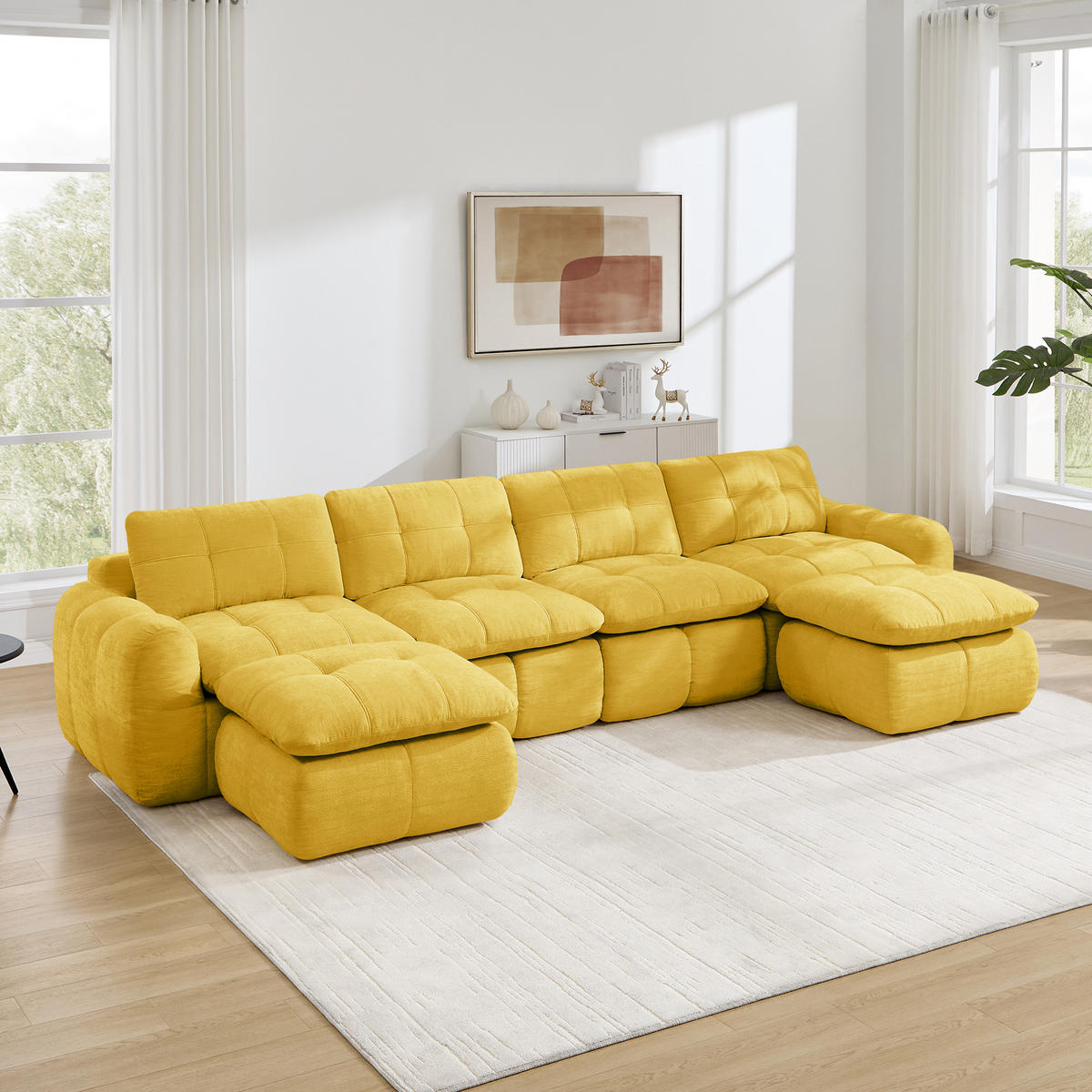 WOHNLANDSCHAFT DE-34464 U-Form mit 2 Ottomanen und Karostepp Gelb - Gelb, Textil (160/68.5/334cm) - ComfortXL