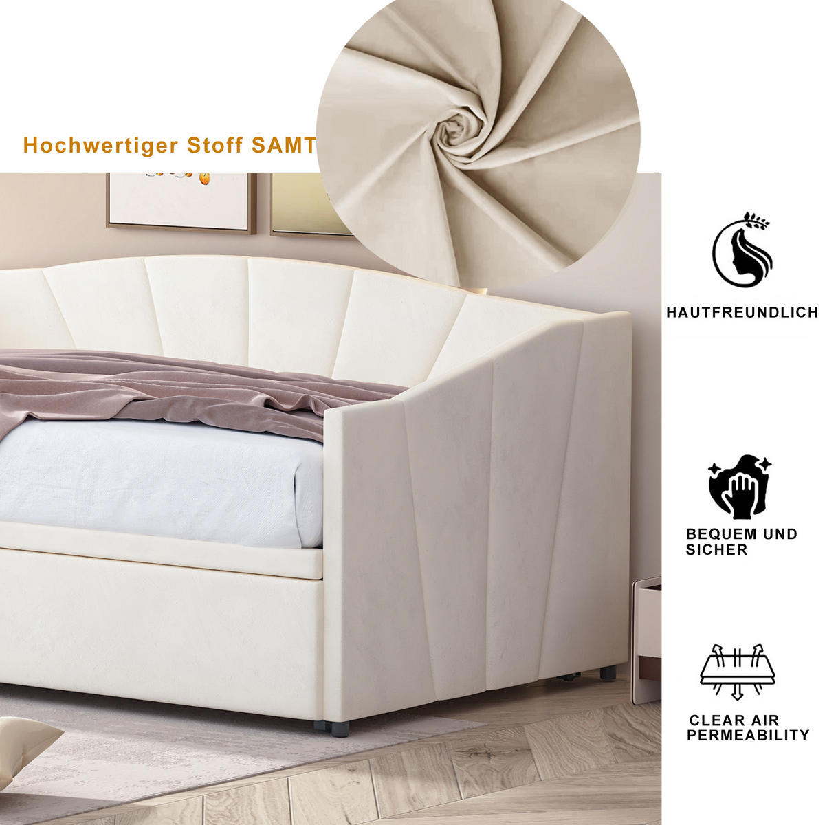 SCHLAFSOFA 90/200 cm & 180/200 cm in Beige Samt mit Ausziehfunktion und Lattenrost - Weiß, Holzwerkstoff/Textil (90/200cm) - WISHDOR