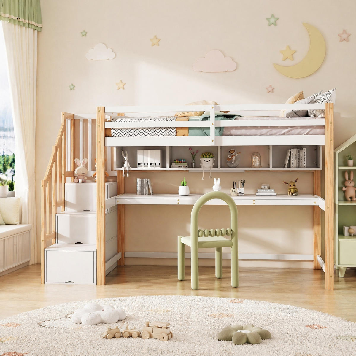 HOCHBETT 90/200 mit Schreibtisch, Stauraumtreppe und Regalen in Natur und Weiß - Naturfarben, Holz (90/200cm) - EVRYAE