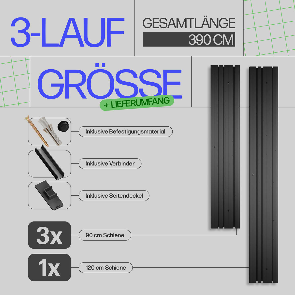 GARDINENSCHIENE 390cm (3x90/1x120cm) 3-läufig - Schwarz, Kunststoff (10/1.8/390cm)