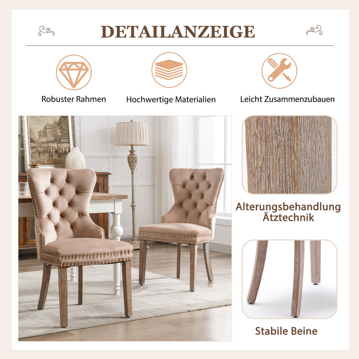 ESSZIMMERSTUHL 2er Set Samt Polster Massivholz Braun - Hellbraun, Holz (53/95/46.5cm) - FLIEKS