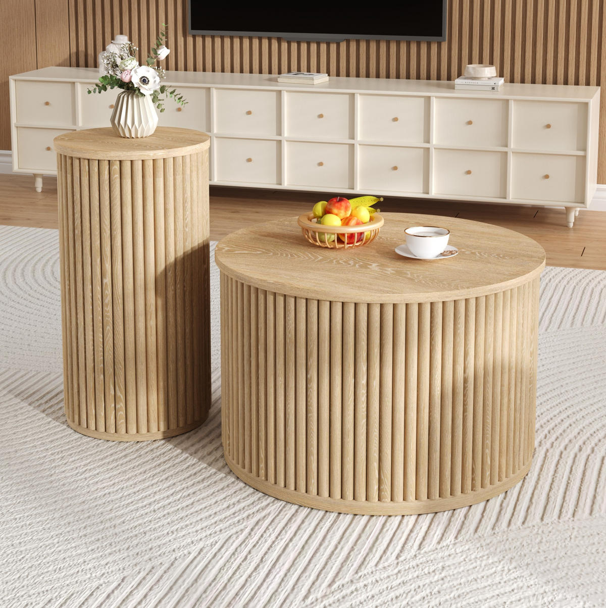 COUCHTISCH-SET aus MDF 60x60x38,5 cm und 30x30x56 cm Natur mit 3D-Streifenmuster - Naturfarben, Holzwerkstoff (60/60/38.5cm) - IVMEU