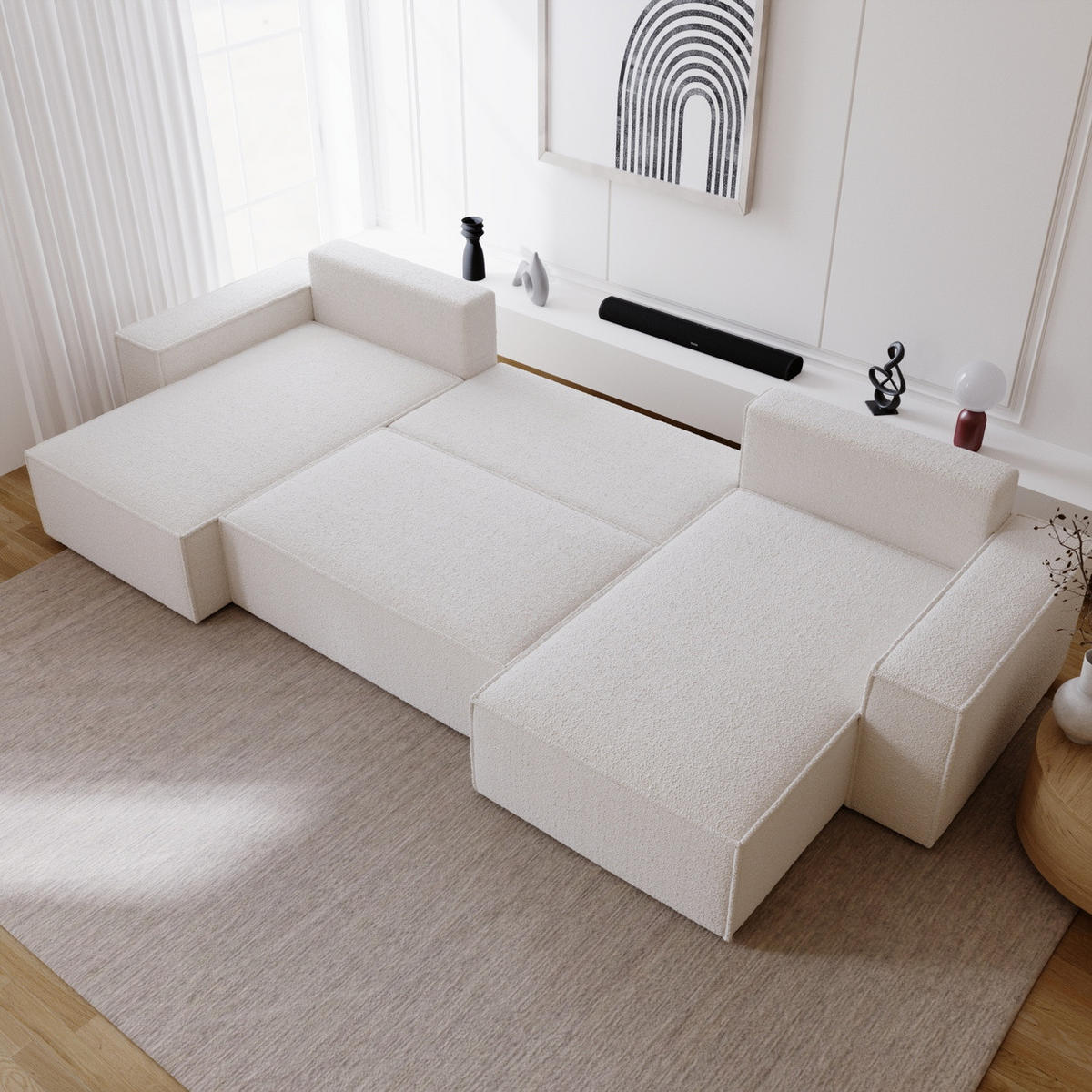 ECKCOUCH Bergamo U Bouclé mit Schlaffunktion, 380 cm, Creme - Creme, Holz (377/189cm) - Emporius