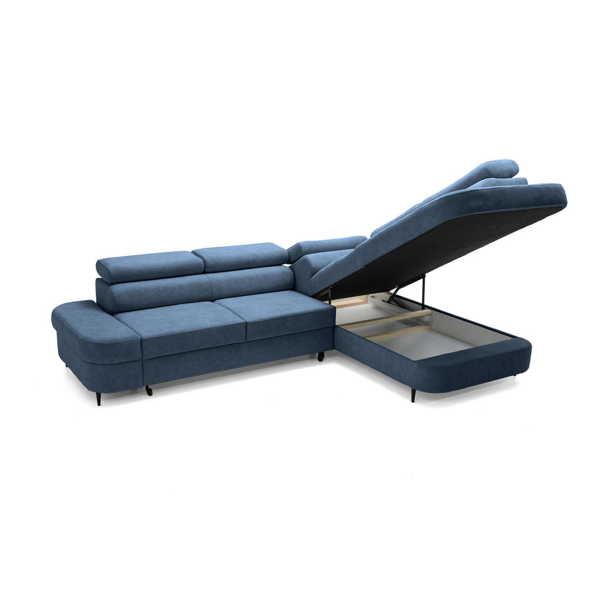 ECKSOFA PRIAM L Rechts mit Schlaffunktion 125x195 Velours Blau - Blau/Schwarz, Holz/Textil (203/275cm) - Muffo