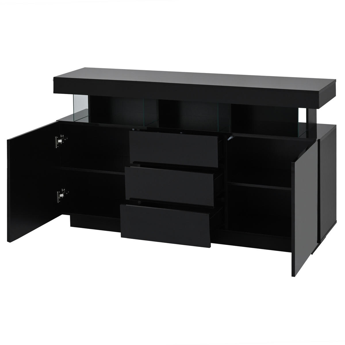 SIDEBOARD DE-37748 mit LED-Beleuchtung und 3 Schubladen Schwarz - Schwarz, Holzwerkstoff (140/80/35cm) - ComfortXL