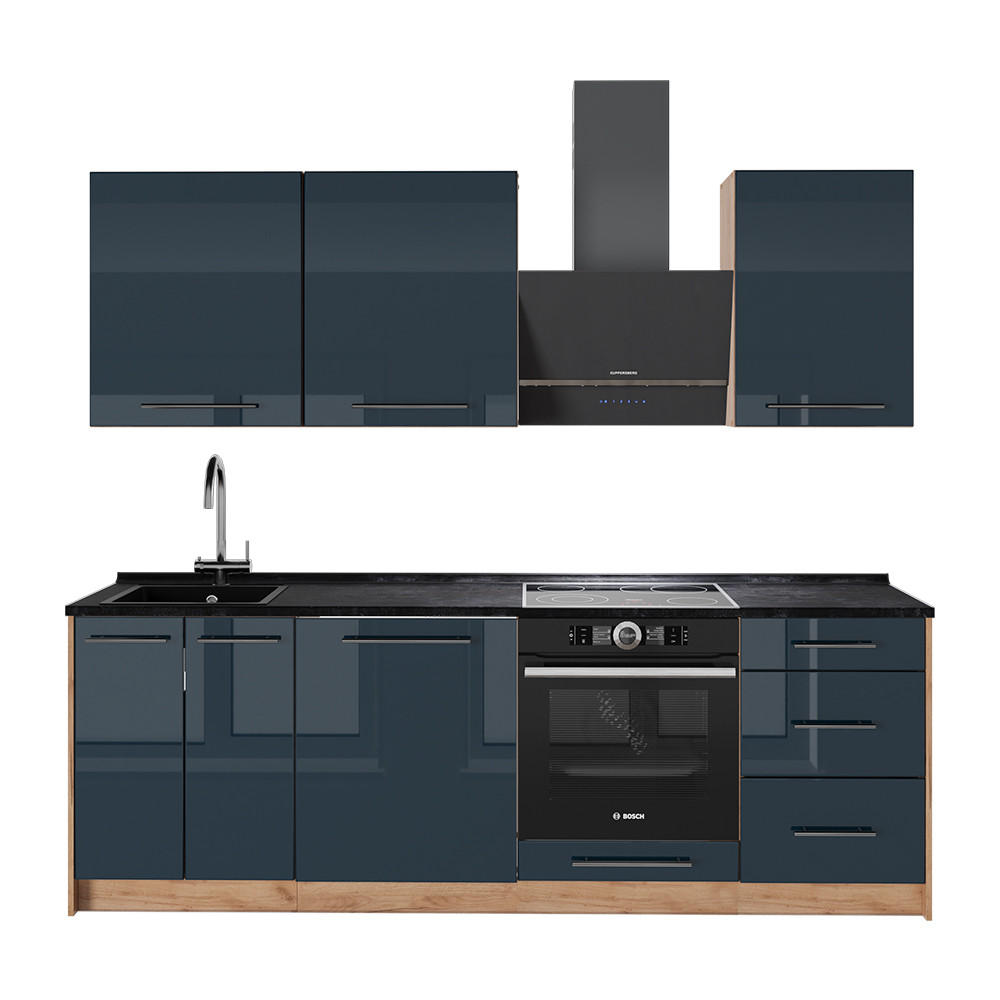KÜCHENZEILE Fame-Line, Dunkelblau Hochglanz/Goldkraft Eiche, 230 cm ohne Arbeitsplatte - Honigeiche/Dunkelblau, Holzwerkstoff (230/82/51.6cm) - Vicco