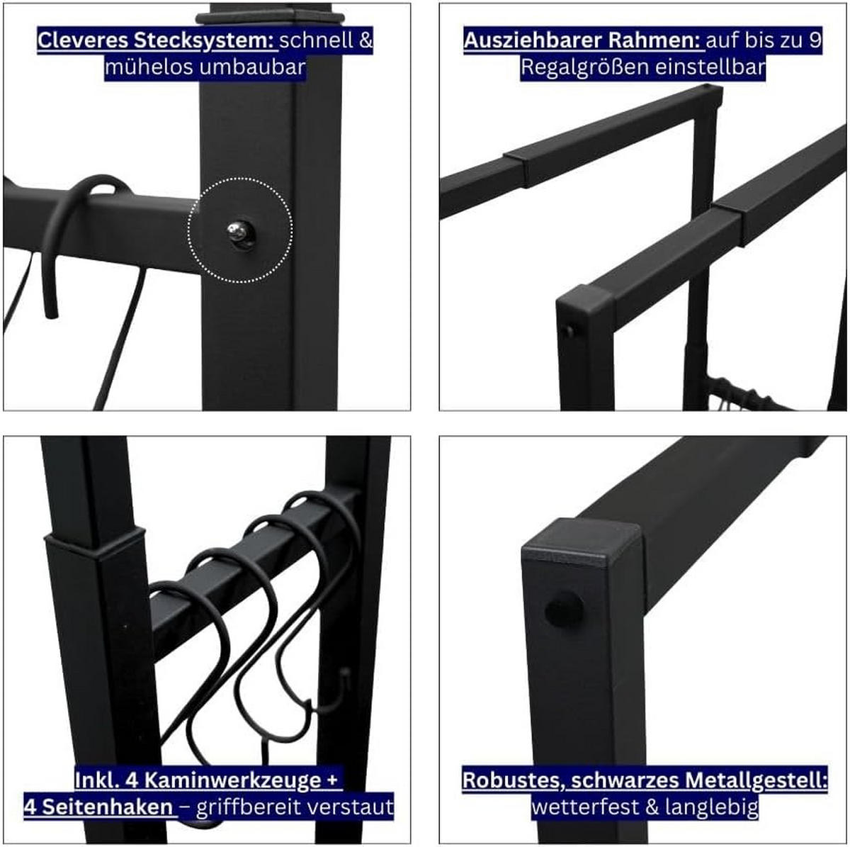 KAMINHOLZREGAL Phoenix verstellbar innen & außen 100-150x40-65x25cm 4 Kaminwerkzeugen Schwarz - Schwarz, Metall (65/150/25cm) - PROREGAL