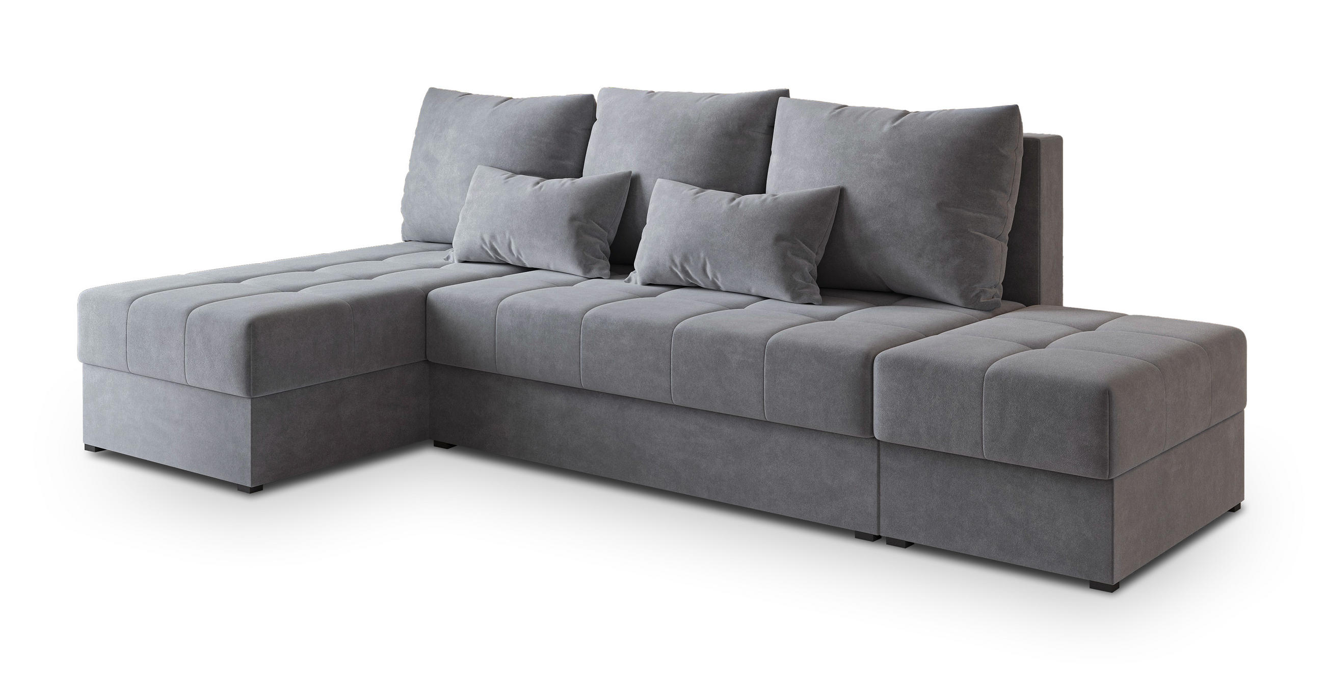 ECKSOFA NORVI Grau Plüsch-Stoff mit Schlaffunktion - Grau, Holz (251/143cm) - MASSENO