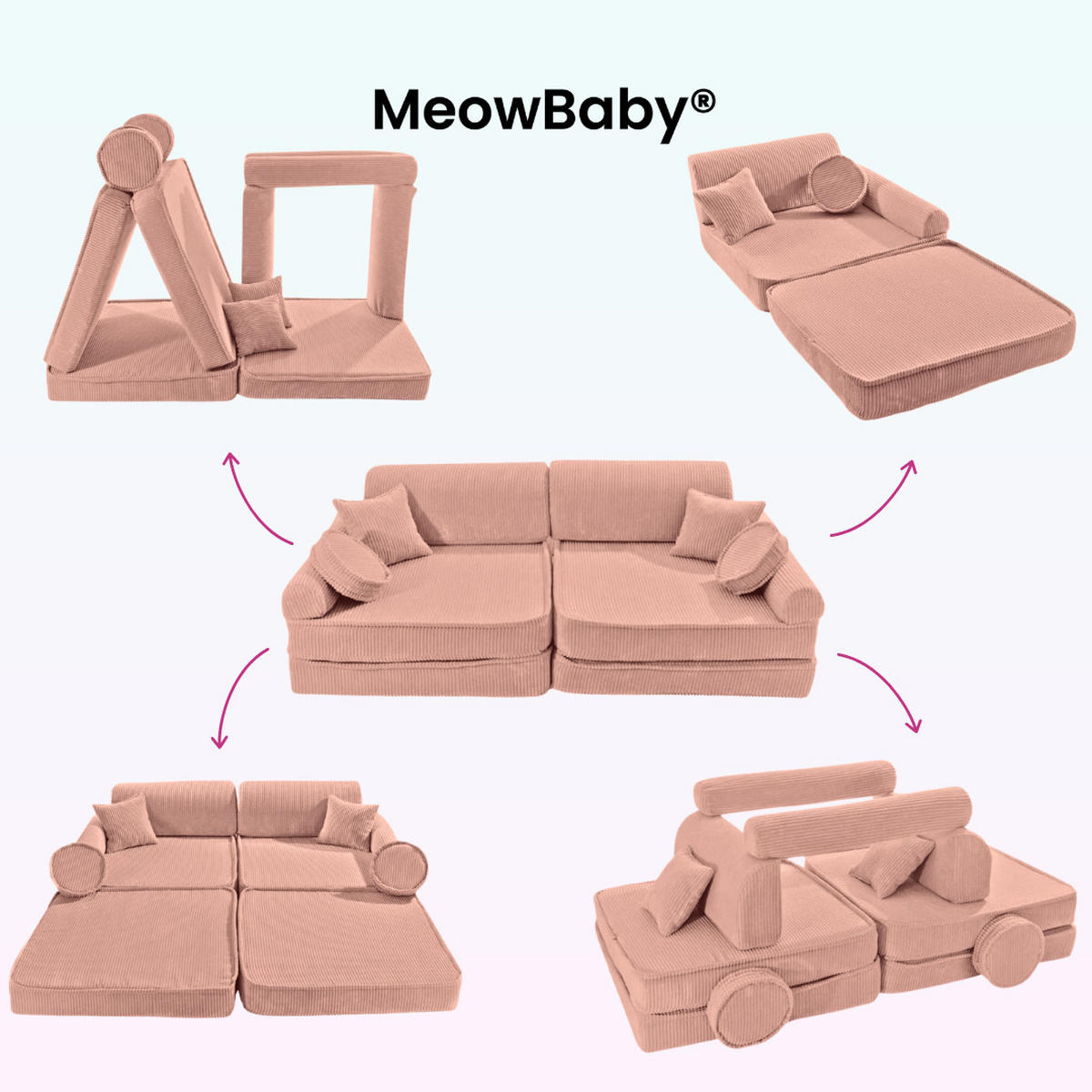 KINDERSOFA AESTHETIC 160 cm Cord Rosa 10 Stk - Rosa, Textil (80/12/160cm) - MeowBaby
