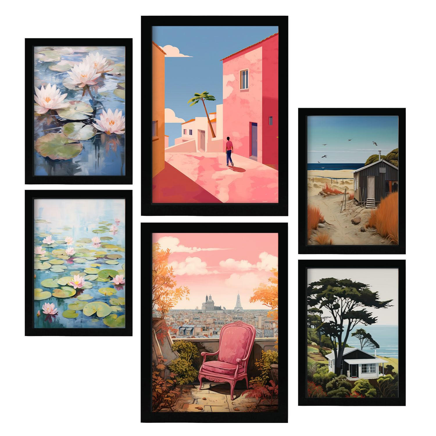 POSTER Set Mit 6 Entspannende Ruhe In Vielseitiger A3 & A4 Schwarzer Rahmen - Schwarz, Papier (29/3cm) - Nacnic