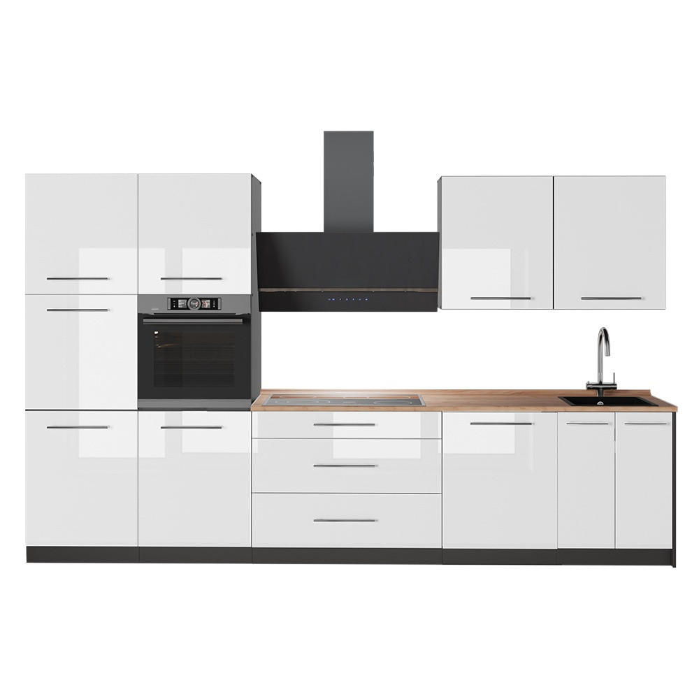 KÜCHENZEILE Fame-Line, Weiß Hochglanz/Anthrazit, 340 cm, AP Eiche - Weiß Hochglanz/Anthrazit, Holzwerkstoff (340/206.8/60cm) - Vicco