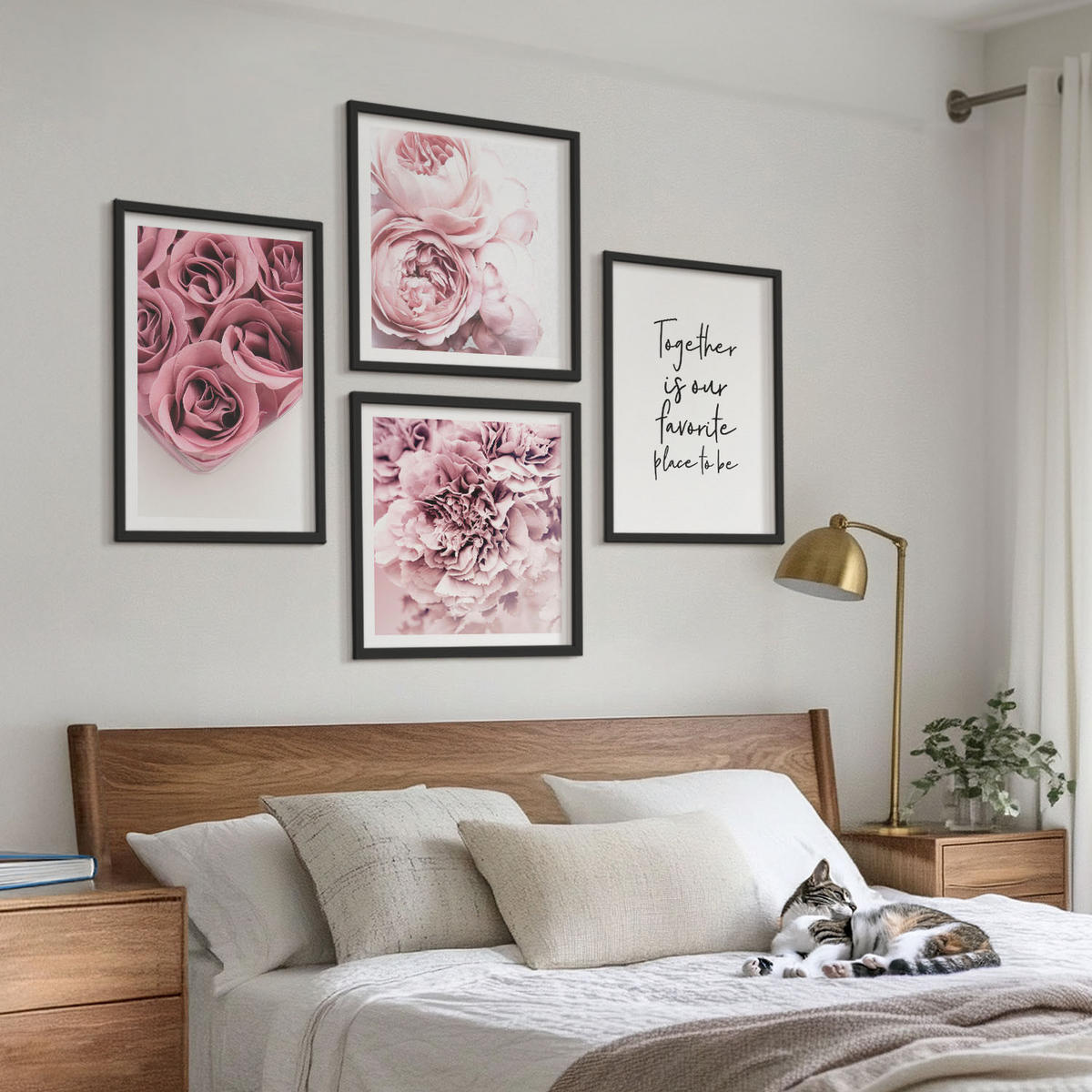 WANDBILDER 4er-Set - 50x50 cm & 40x60 cm Schwarzer Rahmen - Blumensträuße mit Rosen, Hausinschrift - Schwarz, Kunststoff (50/50cm) - ArtPrintCave