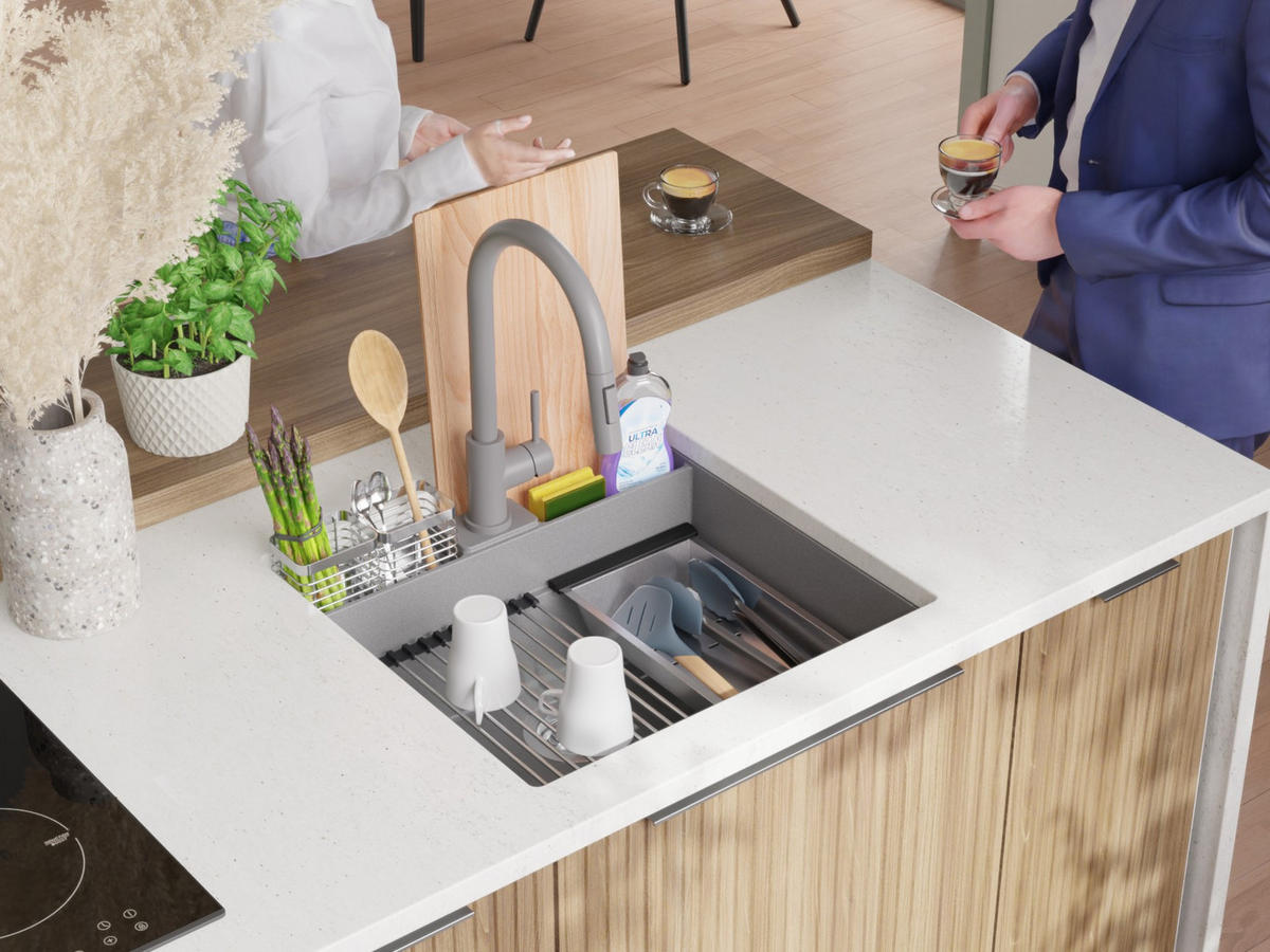 UNTERBAUSPÜLE GRANIT Bergen Pocket, 2-er set Grau 56/54 cm 1 Becken + Ablauf-Set + Küchenzubehörset ab 60er Unterschrank - Chromfarben/Beige, Kunststoff (56/20/54cm) - Primagran