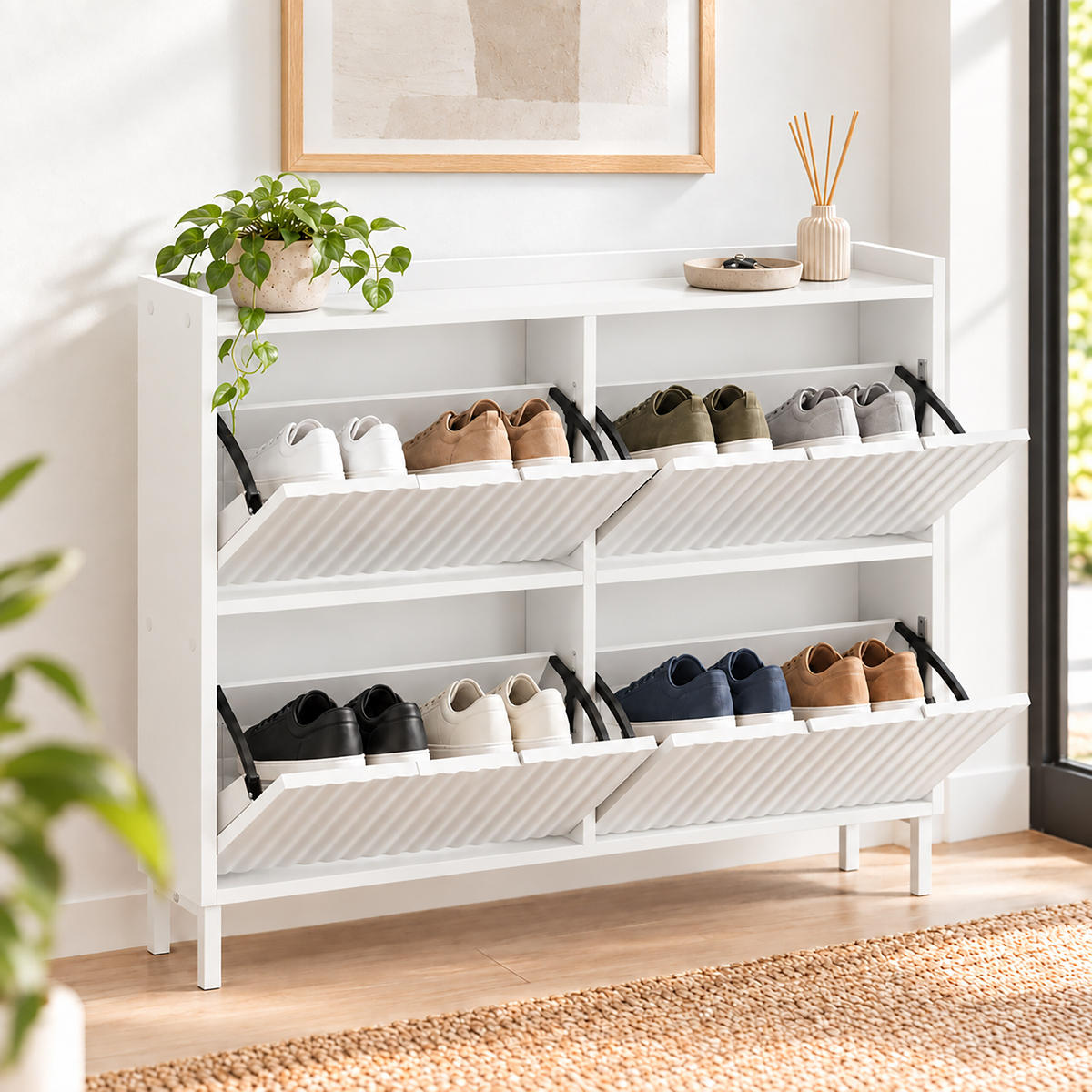SCHUHKIPPER Weiß geriffelt 4 Fächer 90x100x19 cm - Weiß, Holzwerkstoff/Metall (100/90/19cm) - Relaxdays