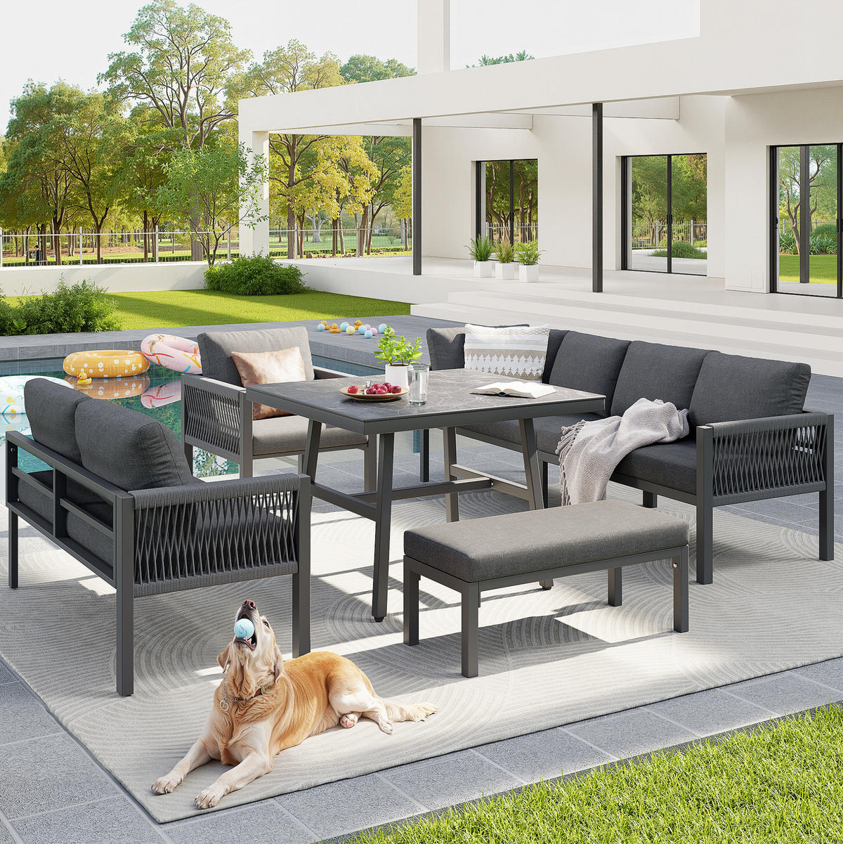 GARTENLOUNGE 118/61/80 cm grau aus Eisen mit Marmorglastisch und waschbaren Polstern - Grau, Metall - OKWISH