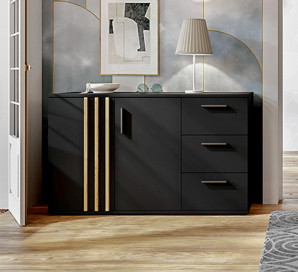 SIDEBOARD Turell 2D3SZ Schwarz 120/73/35 cm – Kommode mit Schubladen - Schwarz, Holzwerkstoff/Kunststoff (120/73/35cm) - AX Living