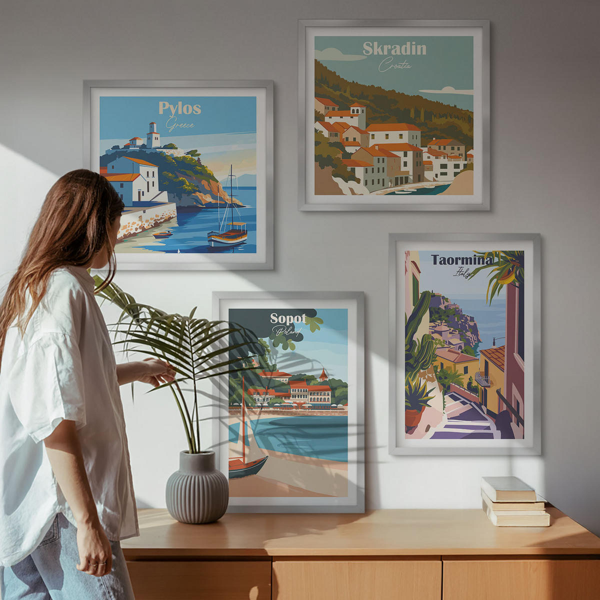 BILDER SET 4er Set - 50x50 cm & 40x60 cm Silberner Rahmen - Illustrationen von Küstenstädten - Silberfarben, Kunststoff (50/50cm) - TULUP