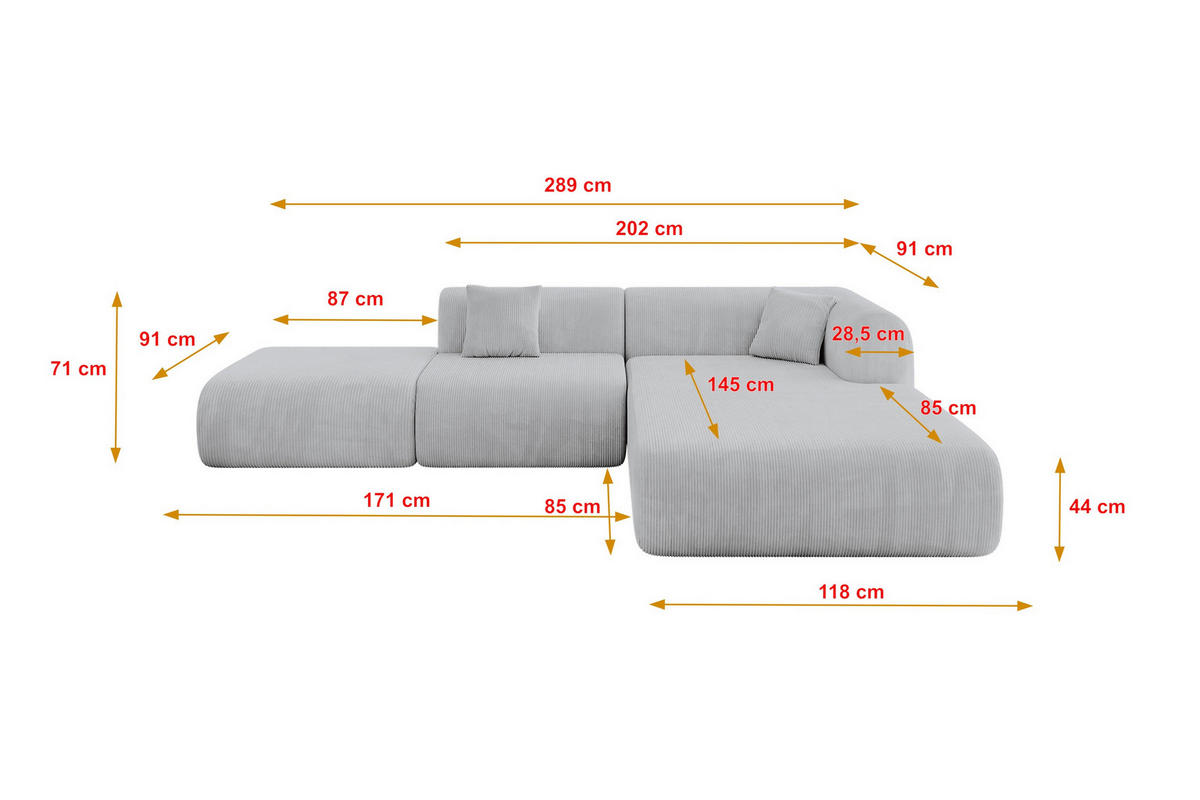 ECKSOFA Ottomane Rechts OVLY-L 289x176x71 Grau Cord - Schwarz/Alufarben, Holzwerkstoff/Kunststoff (289/176cm) - ALTDECOR