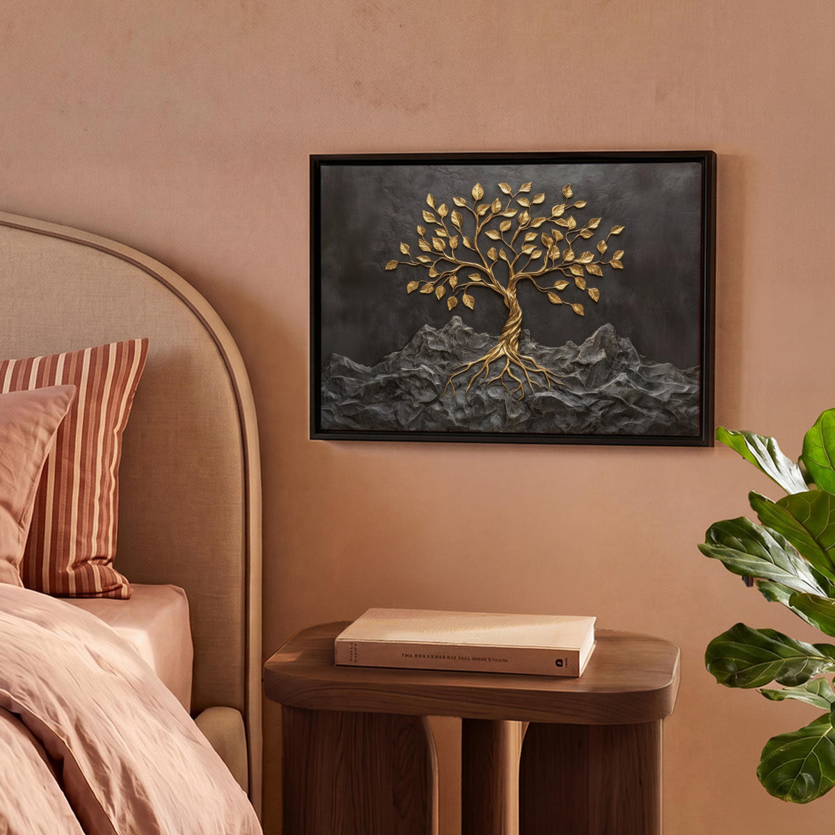 LEINWAND Bilder mit Rahmen - Blätter - Gold - Baum - Fels - 40x30 - Schwarz, Textil (40/30cm) - MuchoWow
