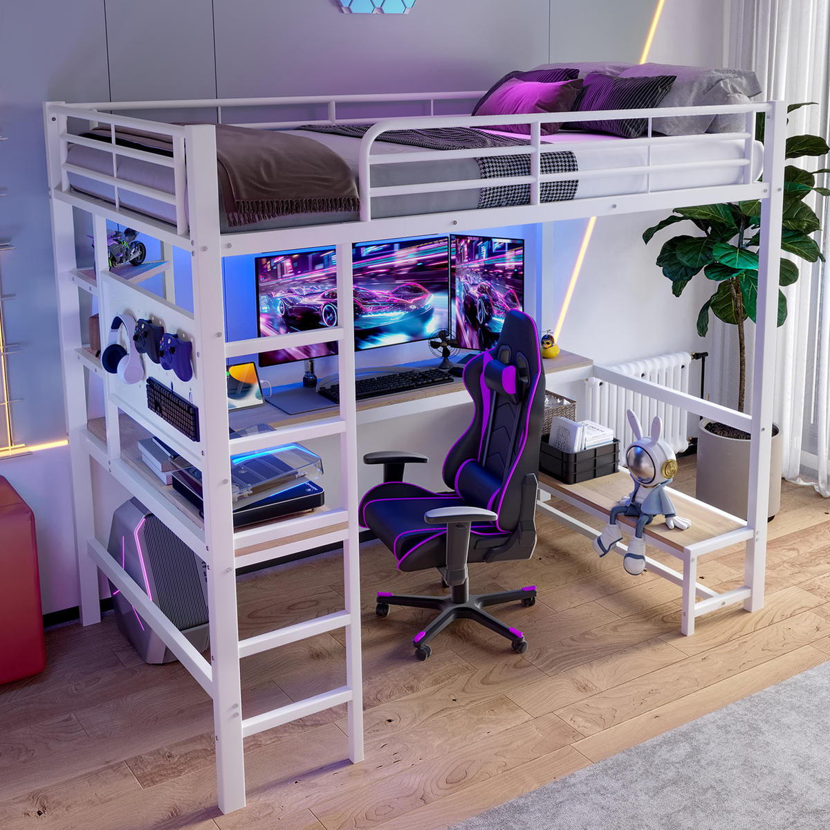 HOCHBETT 90x200cm Weiß Metall Schreibtisch LED-Licht USB-C - Weiß, Metall (90/200cm) - FLIEKS