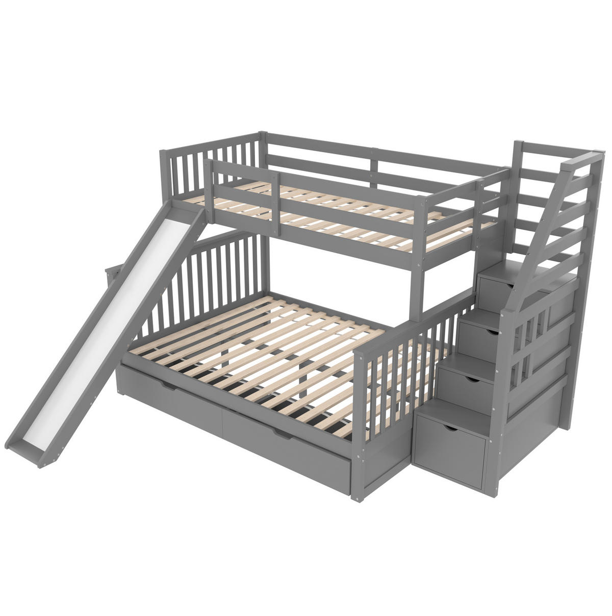 ETAGENBETT aus Kiefer 90x200/140x200 cm Grau mit Rutsche, Treppe und Schubladen - Grau, Holz (90/200cm) - Modfu