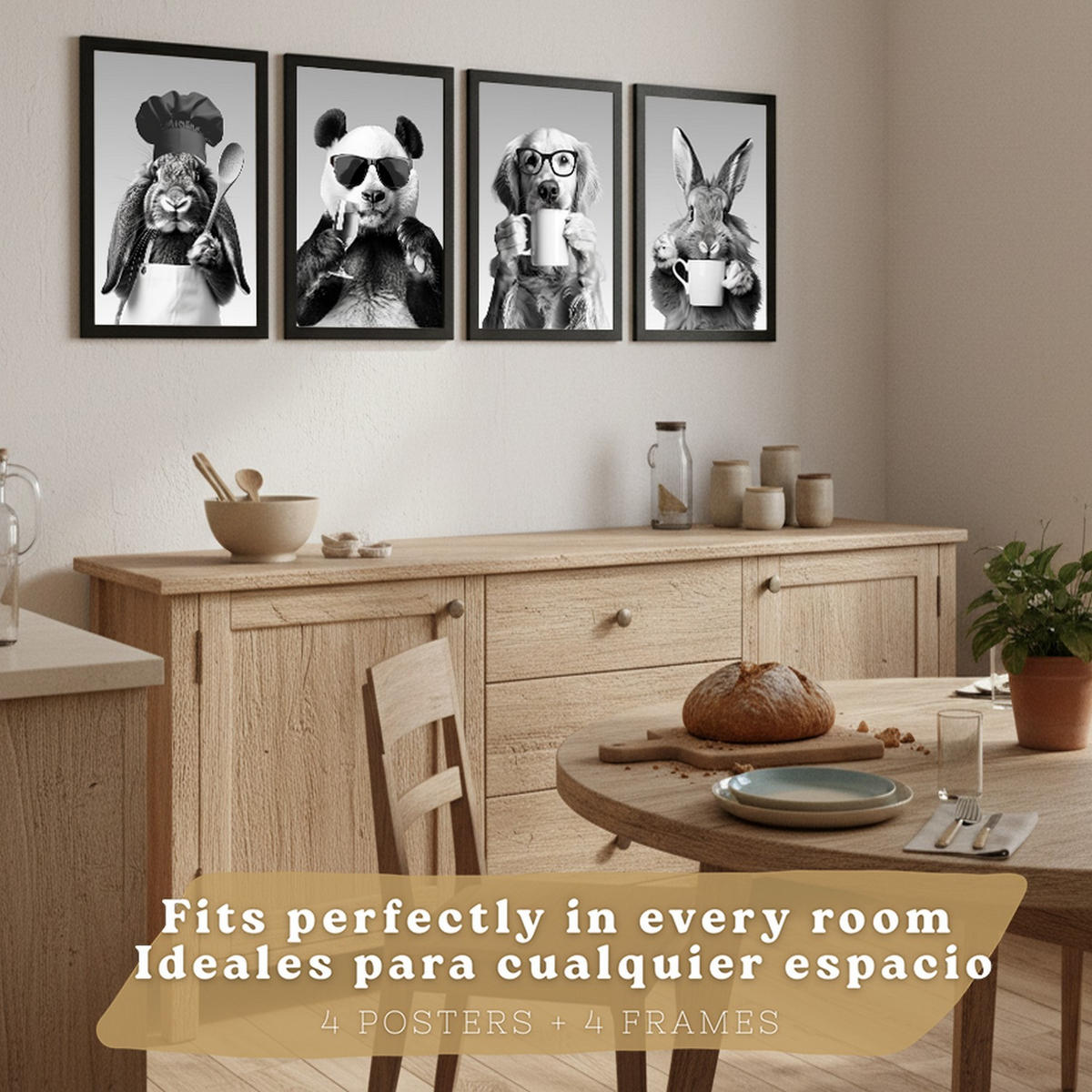 PLAKAT Sada 4 Funny Animals byn A3 Černý rám - černá, papír (29.7/1/42cm) - Nacnic