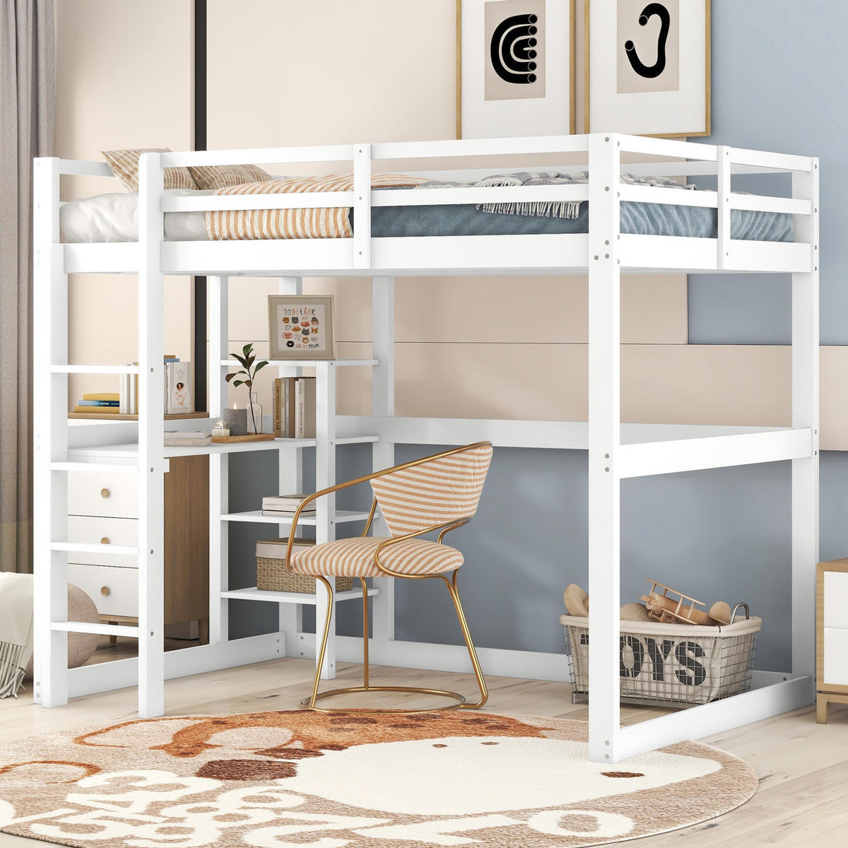 HOCHBETT 140/200 cm mit Schreibtisch und 4 Ablagefächern aus Kiefer , Antikweiß - Weiß, Holzwerkstoff (140/200cm) - Redom