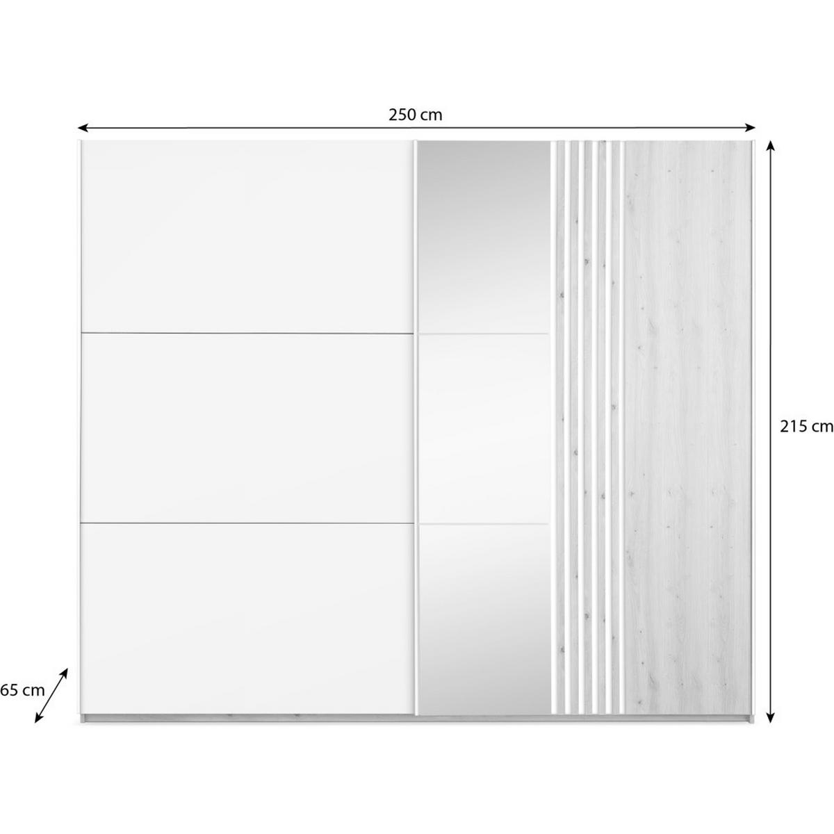 SCHWEBETÜRENSCHRANK Soria mit 2 Türen und Spiegel, 250 cm, Weiß+eiche Wotan - Eiche Wotan/Weiß, Holzwerkstoff (250/215/65cm) - Beautysofa