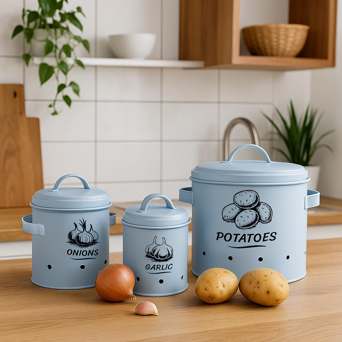 3XKARTOFFEL-AUFBEWAHRUNGSBOX - Hellblau, Metall - Relaxdays