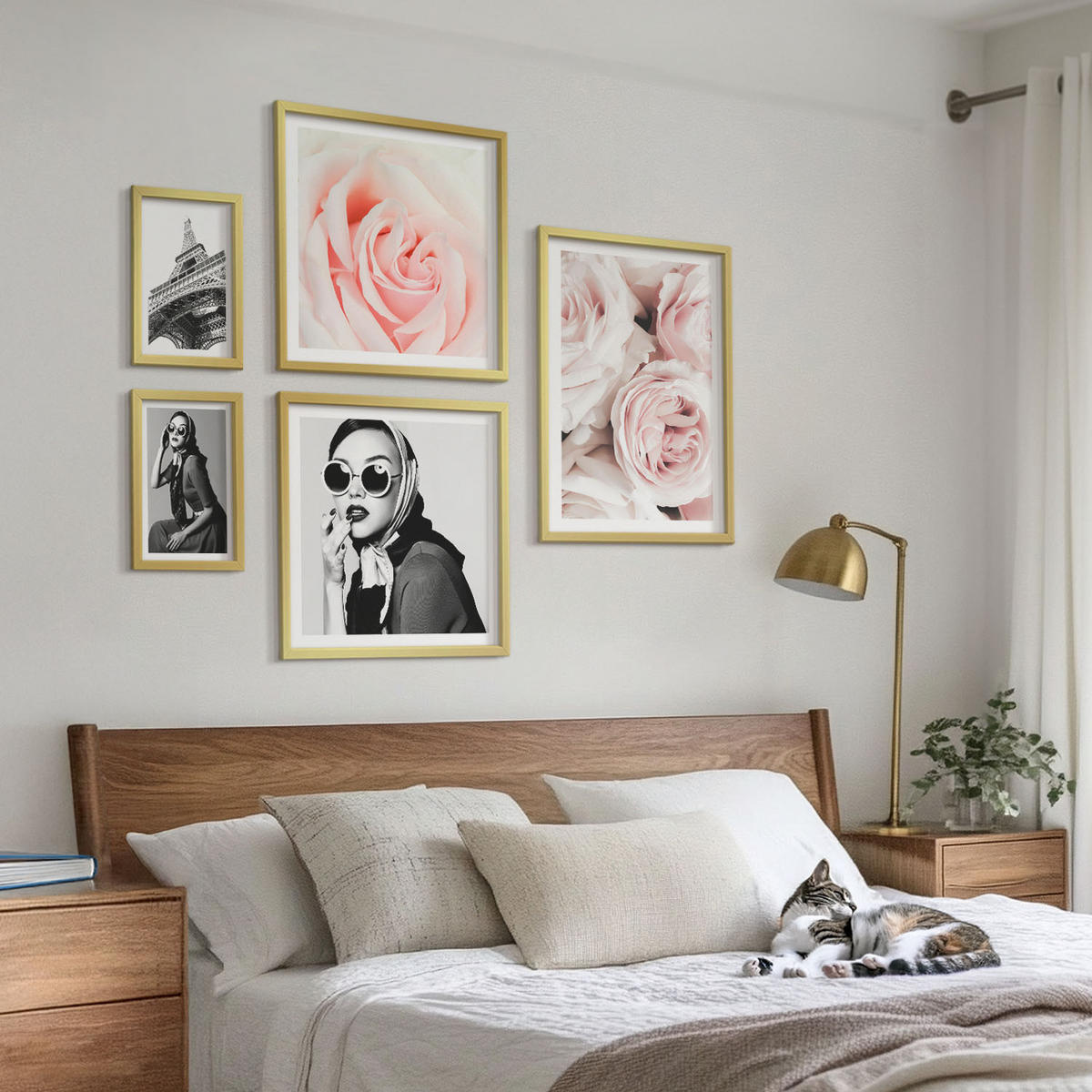 WANDBILDER 5er Set - 50x50 cm & 20x30 cm & 40x60 cm Goldrahmen - Blumen, Pfingstrosen, Rosen, Eleganz - Goldfarben, Kunststoff (40/60cm) - ArtPrintCave