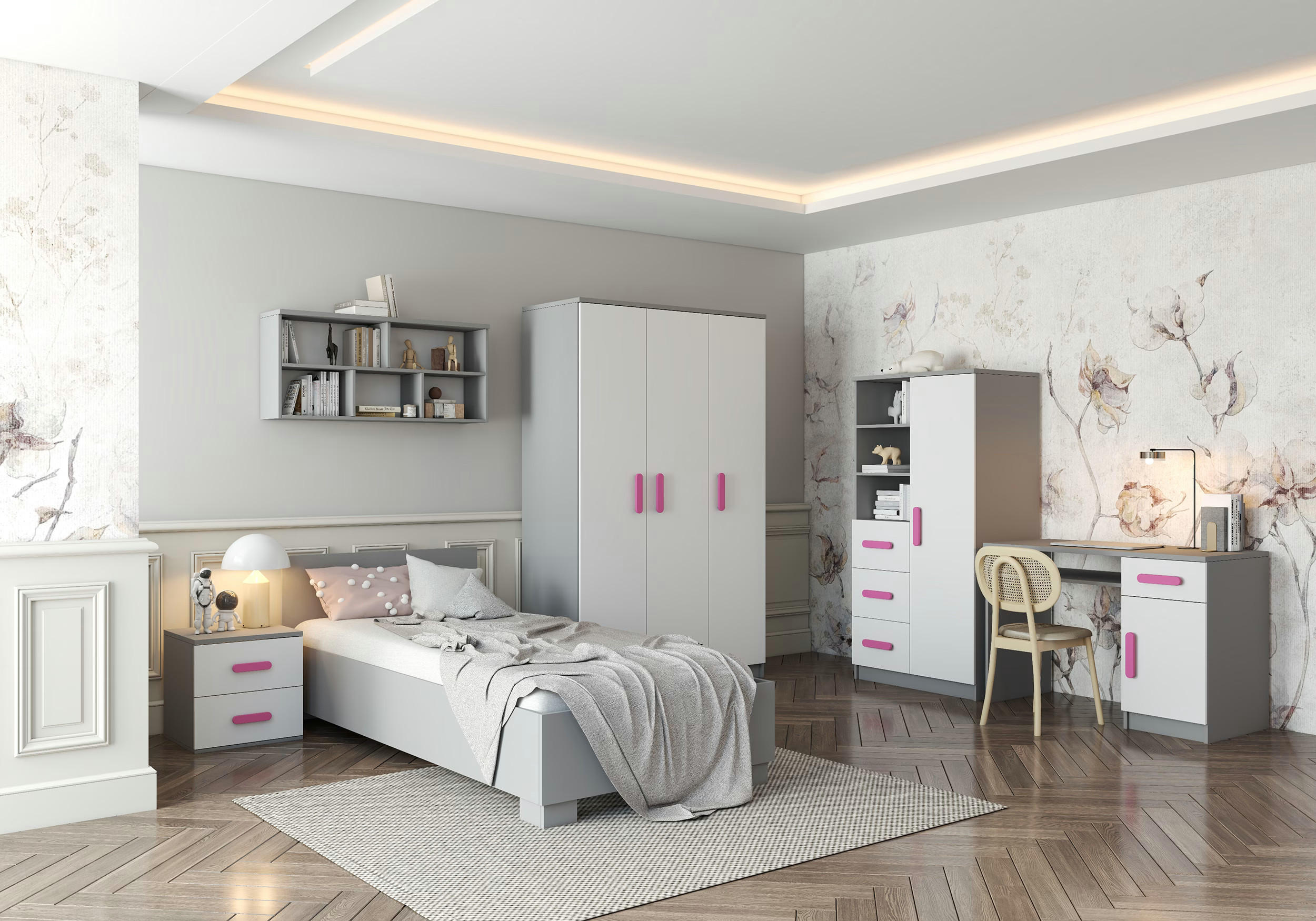 JUGENDZIMMER Elora in Grau und Weiß – 6-teiliges Set – Grifffarbe Rosa - Grau, Holzwerkstoff (80/200/120cm)