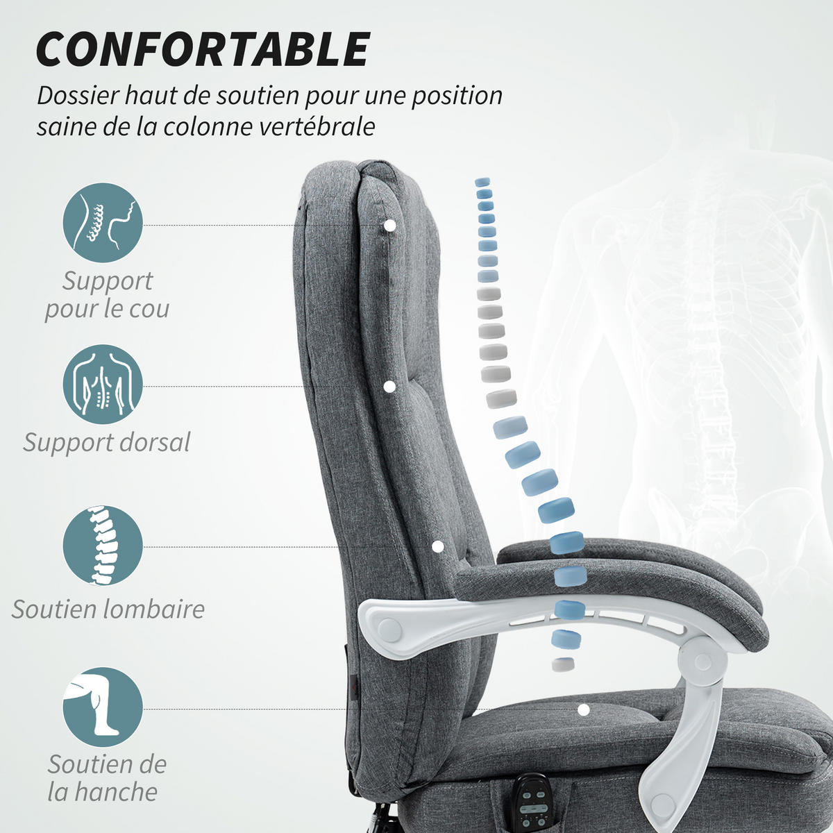DREHSTUHL DE-11786 mit massage- & heizfunktion 66/60/113-121 cm Grau - Grau, Textil (60/121/66cm) - ComfortXL