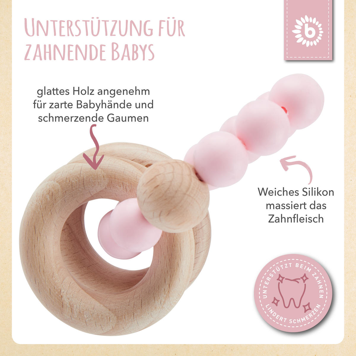 BEISSRING mit Silikon Perlen - ab Geburt - Rosa, Kunststoff (9/6.8cm) - Bieco Spielwaren