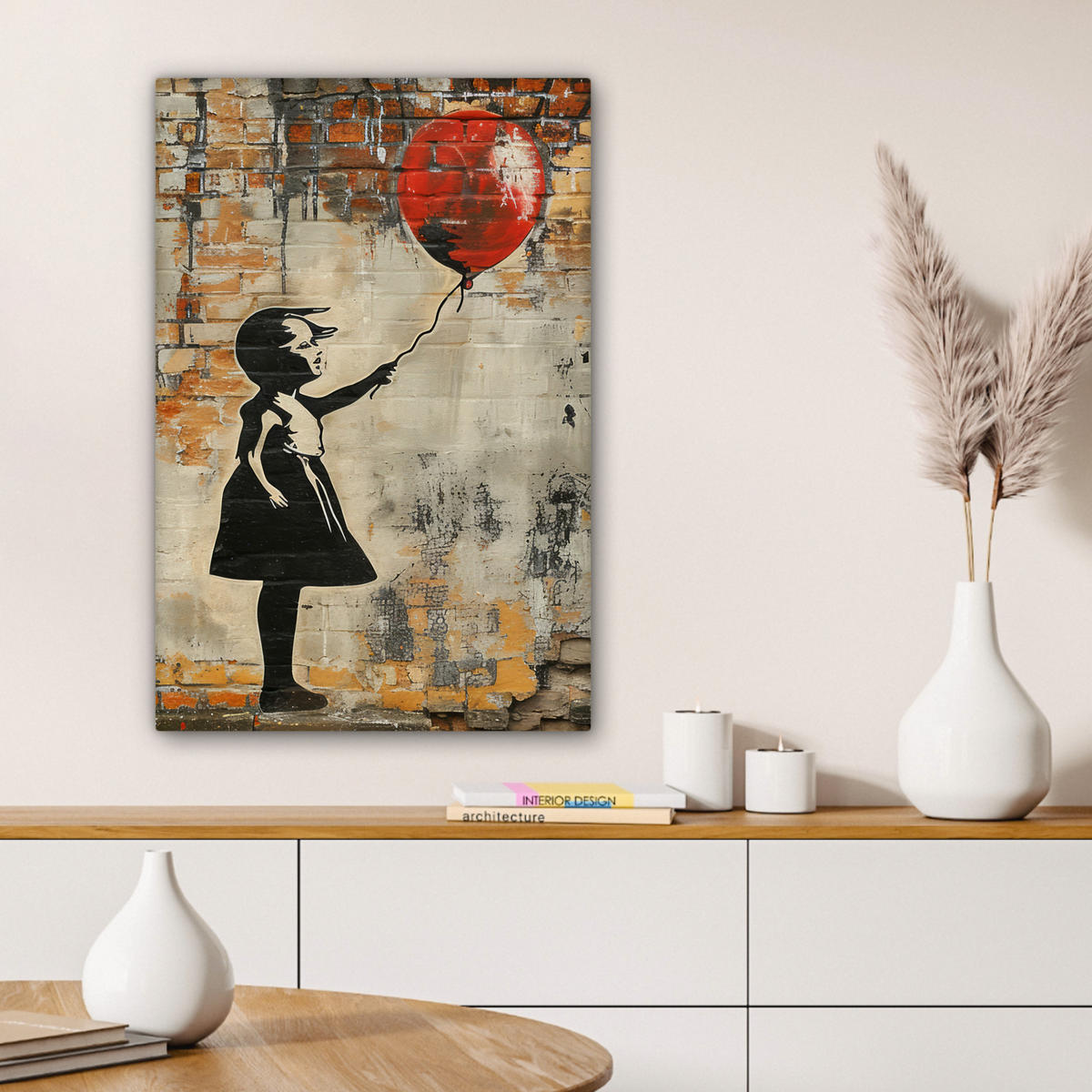 LEINWANDBILD Graffiti - Banksy - Mädchen - Straßenkunst Wanddeko Schlafzimmer 60x90 cm - Sandfarben, Textil (60/90cm) - MuchoWow