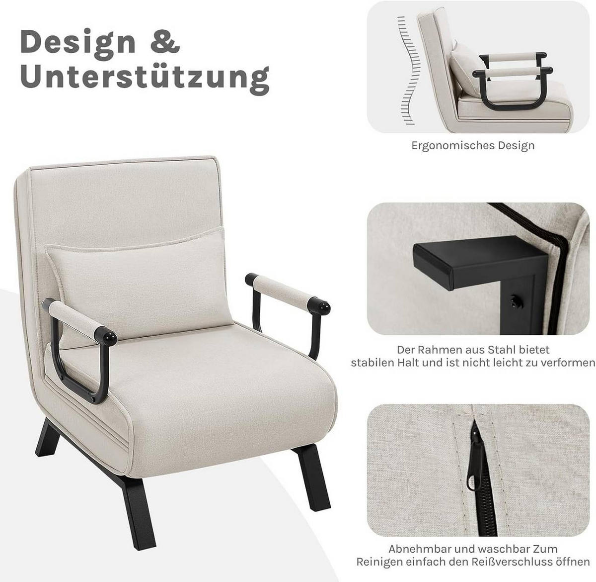 SCHLAFSESSEL 3 in 1, mit Verstellbarer Rückenlehne, Leinen Beige - Beige/Schwarz, Textil/Metall (65/78/75cm) - Woltu