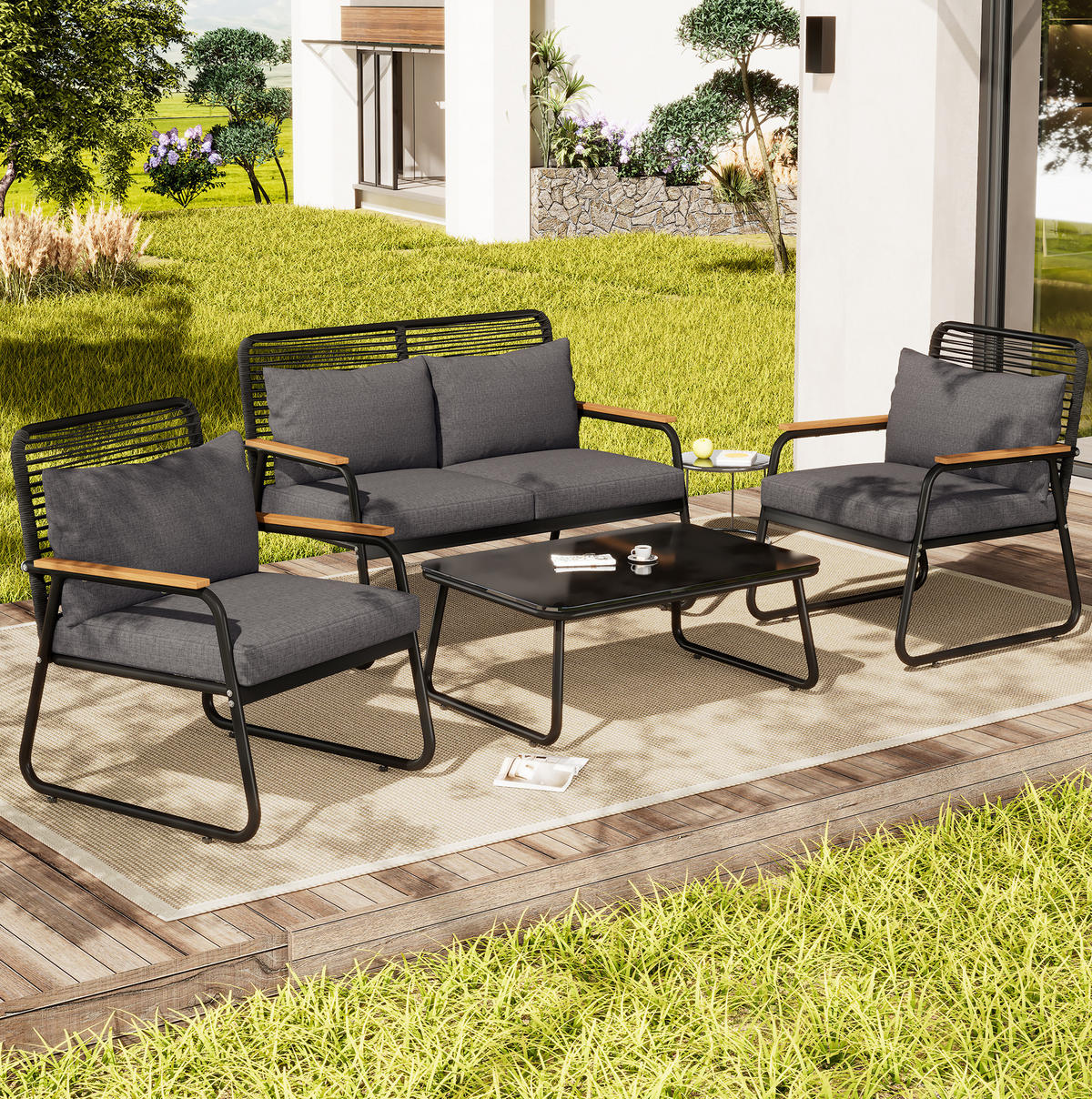 GARTENMÖBEL 118x65x78cm schwarz, feuerverzinkt, mit Glas und Kissen - Schwarz, Metall - Modfu