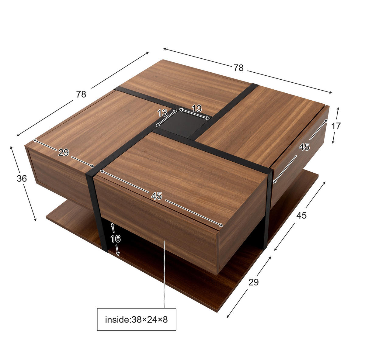 COUCHTISCH 78/78 cm mit 4 Schubladen und Ablageboden in Schwarz/Natur - Naturfarben, Holzwerkstoff (78/78/36cm) - BEAOK
