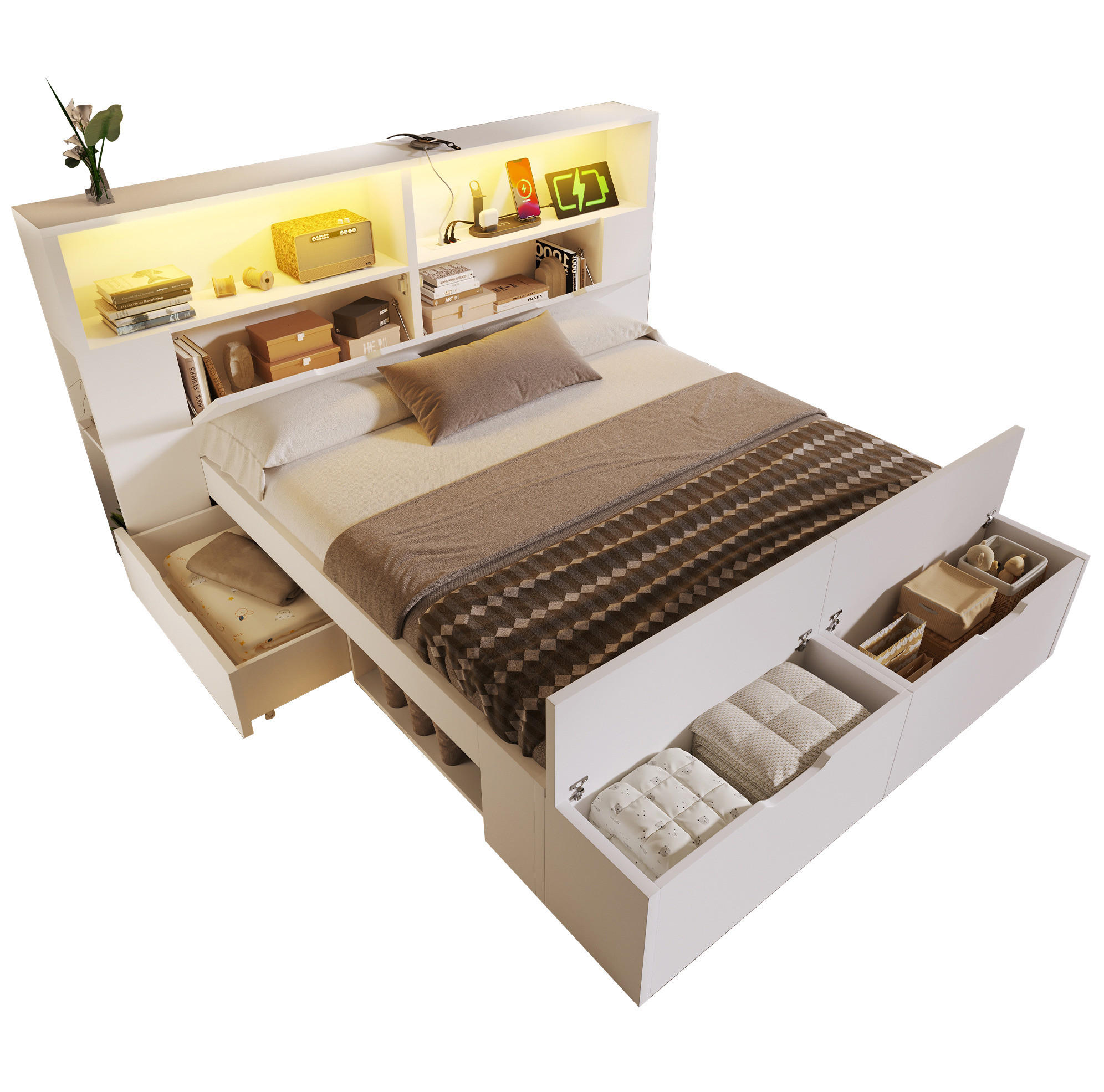 POSTEL 140/200 cm s LED osvětlením, USB porty, úložným prostorem, zásuvkami a lavicí, Bílá - bílá, kompozitní dřevo (140/200cm) - Redom