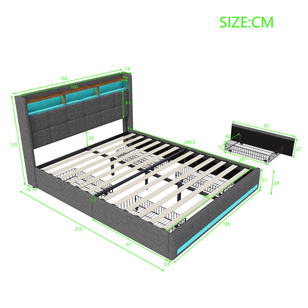 POLSTERBETT 160x200 cm LED USB Schubladen Stauraum grau - Grau, Holz (160/200cm) - LEBENLANG