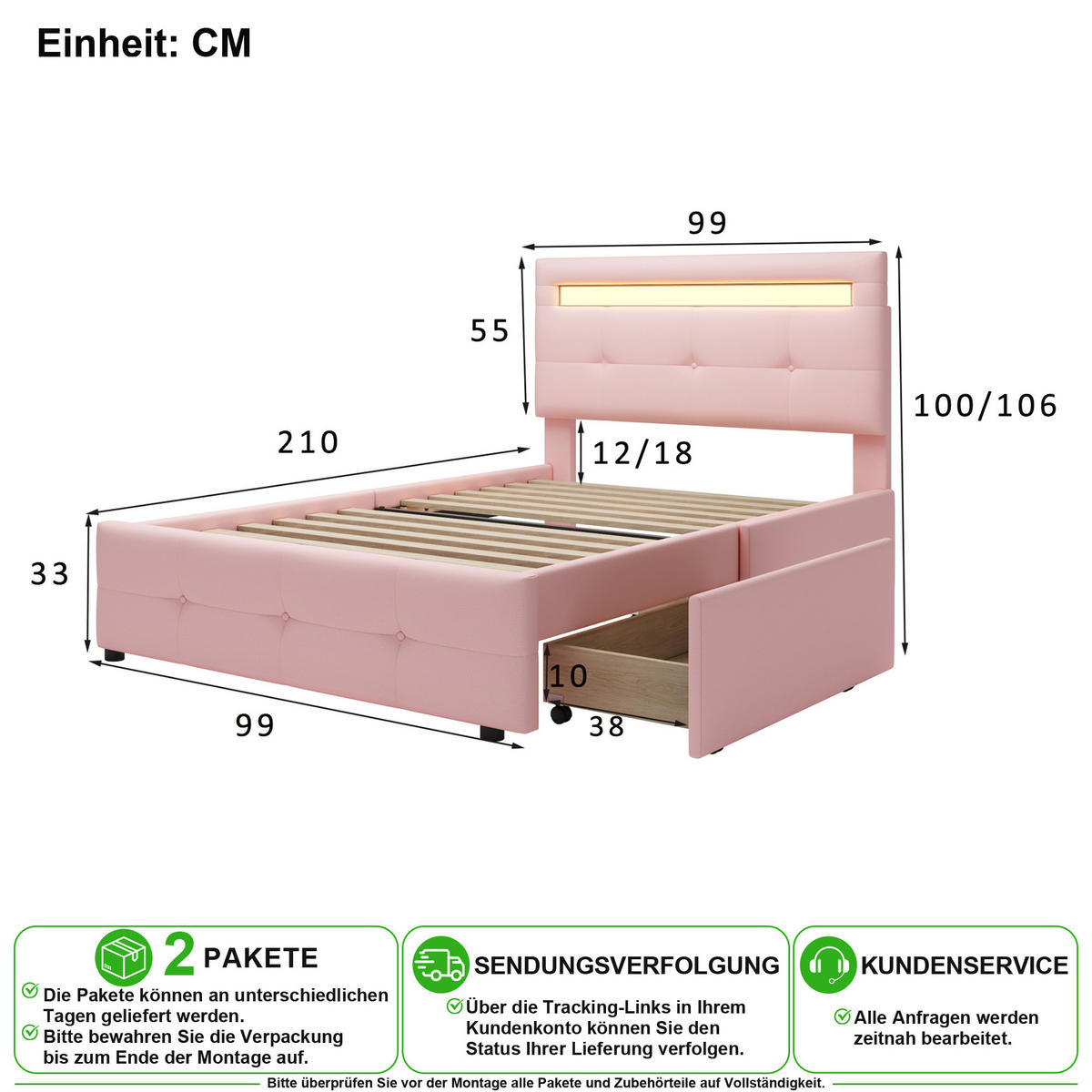 POLSTERBETT 90/200 cm in Rosa mit 2 Schubladen und LED Stoff - Rosa, Holzwerkstoff/Textil (90/200cm) - CHICFURN