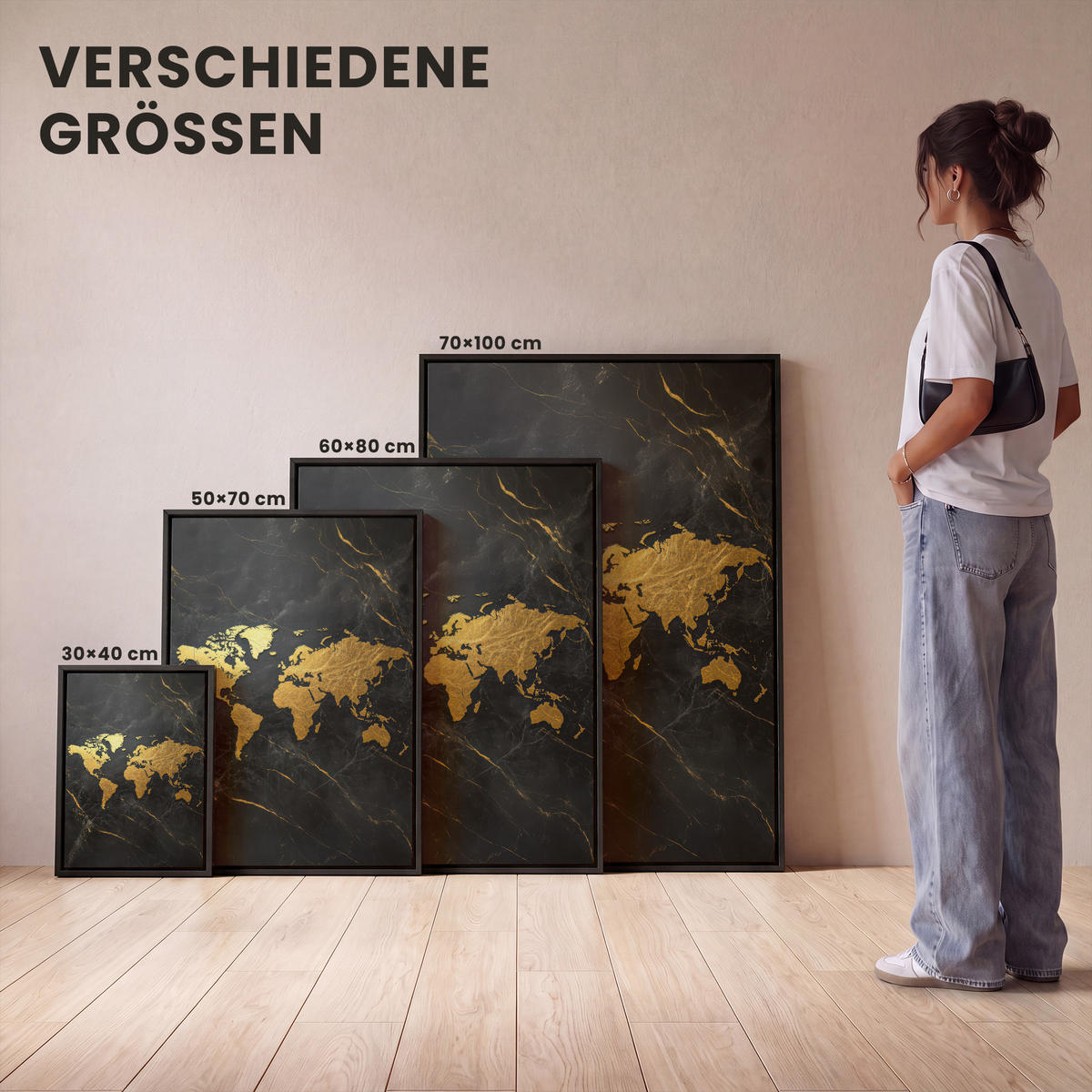 LEINWAND Bilder mit Rahmen - Weltkarte - Gold - Marmor - 60x80 - Goldfarben, Textil (60/80cm) - MuchoWow
