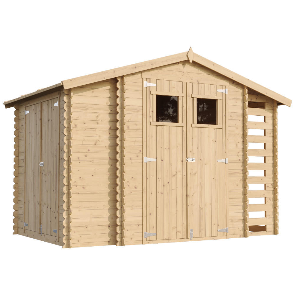 HOLZHAUS GARTENHAUS mit Brennholzschuppen M389+M389G - mit imprägniertem Boden - 3,53 + 0,97 + 0,97 m2 - Beige, Holz (328/218/206cm) - Timbela