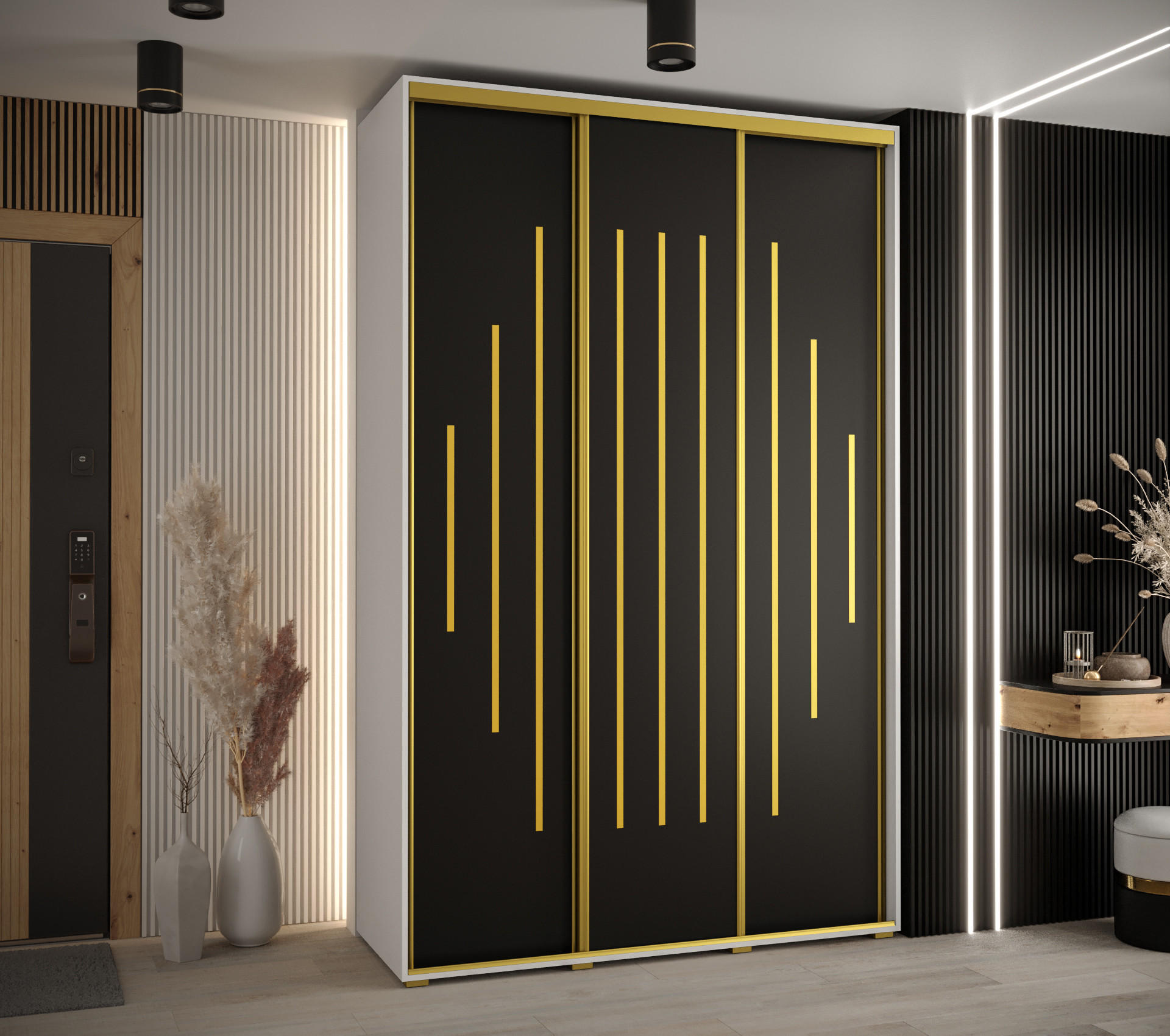 SCHWEBETÜRENSCHRANK 235,2/160/45 3-türig - Goldfarben/Schwarz, Holz/Metall (160/235/45cm) - Abiks Möbel