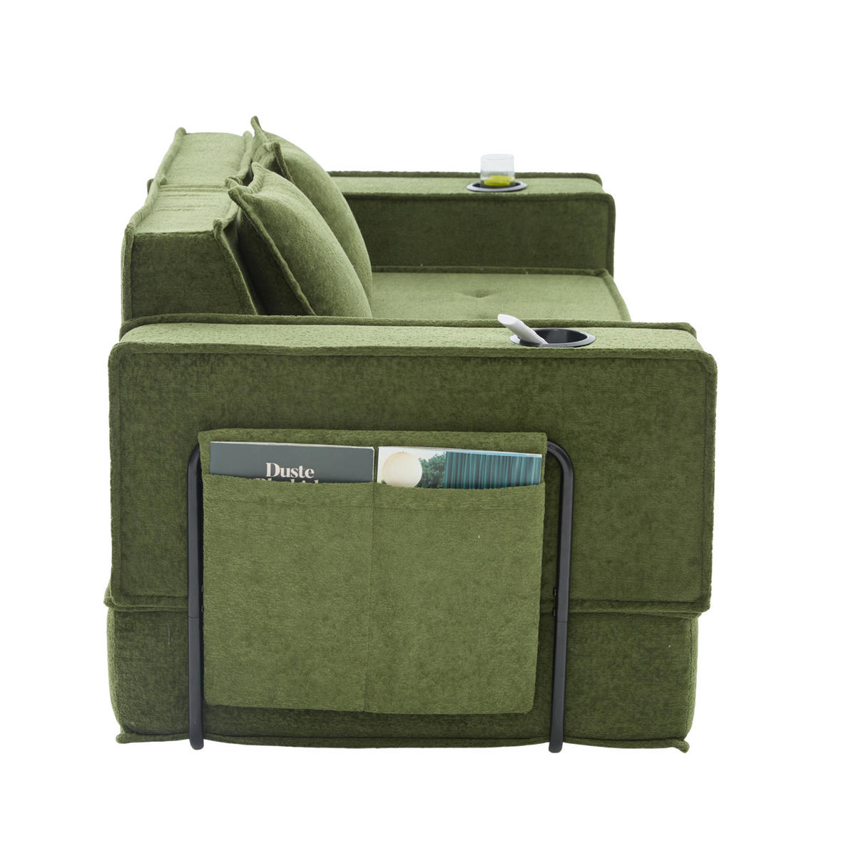2-SITZER-SOFA aus Chenille 162x78x66 cm Grün mit 2 Kissen, Seitentaschen und modularem Design - Grün, Textil (162/66/78cm) - Modfu