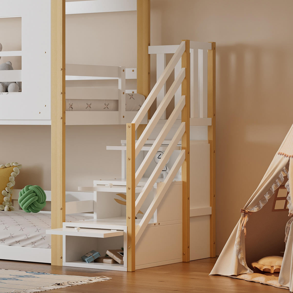 ETAGENBETT Mit Aufbewahrungstreppe Weiß/Natur 90x200 cm - Naturfarben, Holz (90/200cm) - ComfortXL