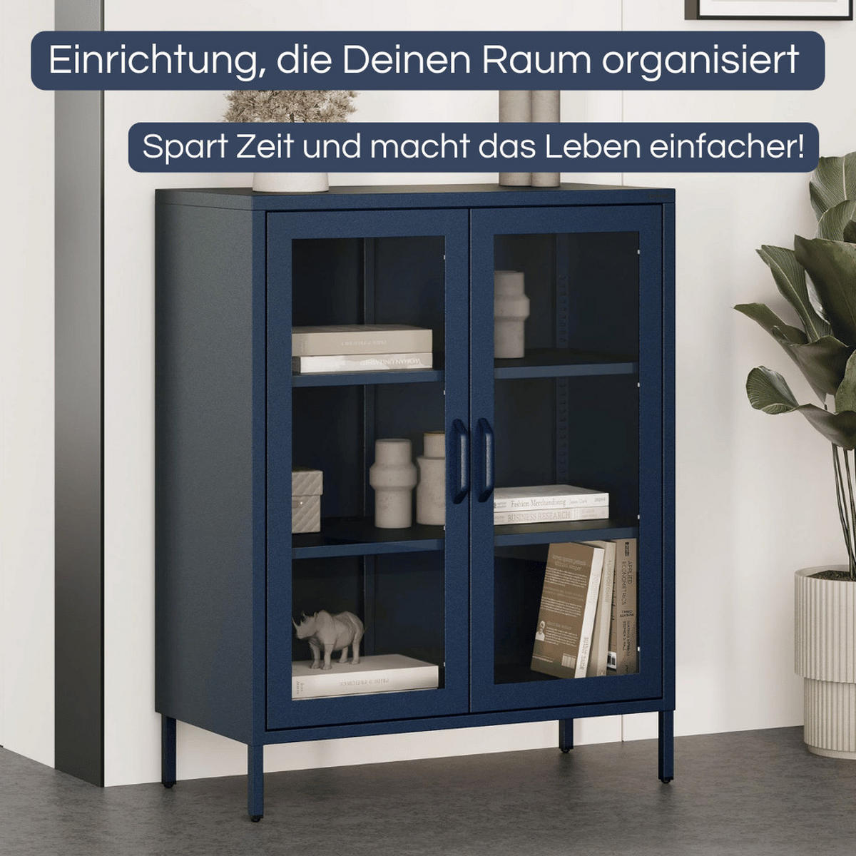 VITRINENSCHRANK Wohnzimmer klein EKER 101,5x80x40cm Dunkelblau - Dunkelblau, Metall (80/101.5/40cm) - DELUKE