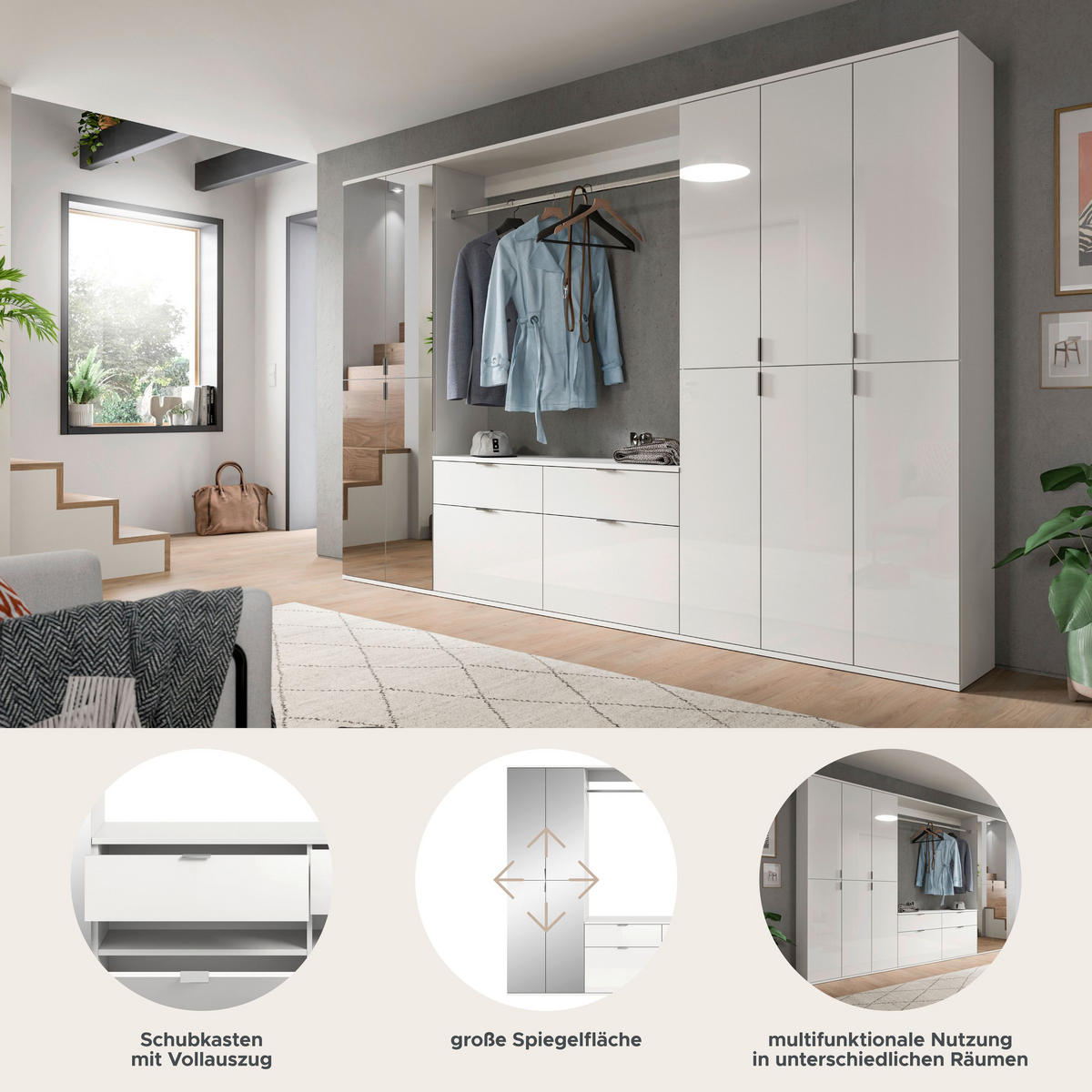 GARDEROBENKOMBINATION 4tlg. Projekt X Garderobe in weiß Nb. und weiß hochglanz B/H/T: 273x193x34 cm - Weiß, Holzwerkstoff (273/193/34cm)