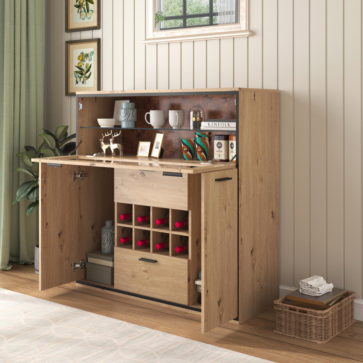 SIDEBOARD 38x110x111 cm, Glasregal, Weinfach, Naturfarben - Weiß, Holz (110/110/38cm)